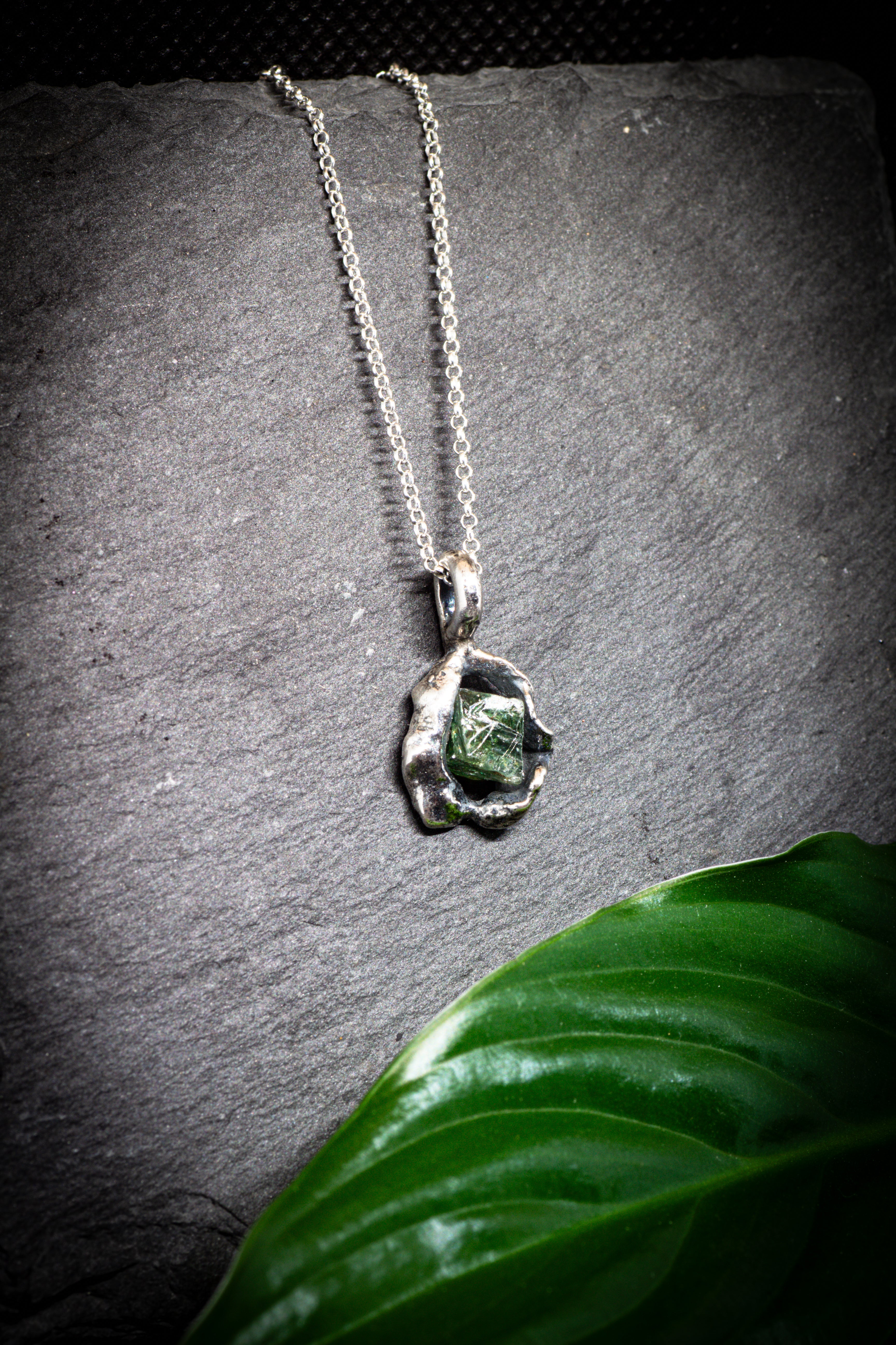 Lava Collection Pendant – Raw Green African Sapphire in Organic Fused Sterling Silver