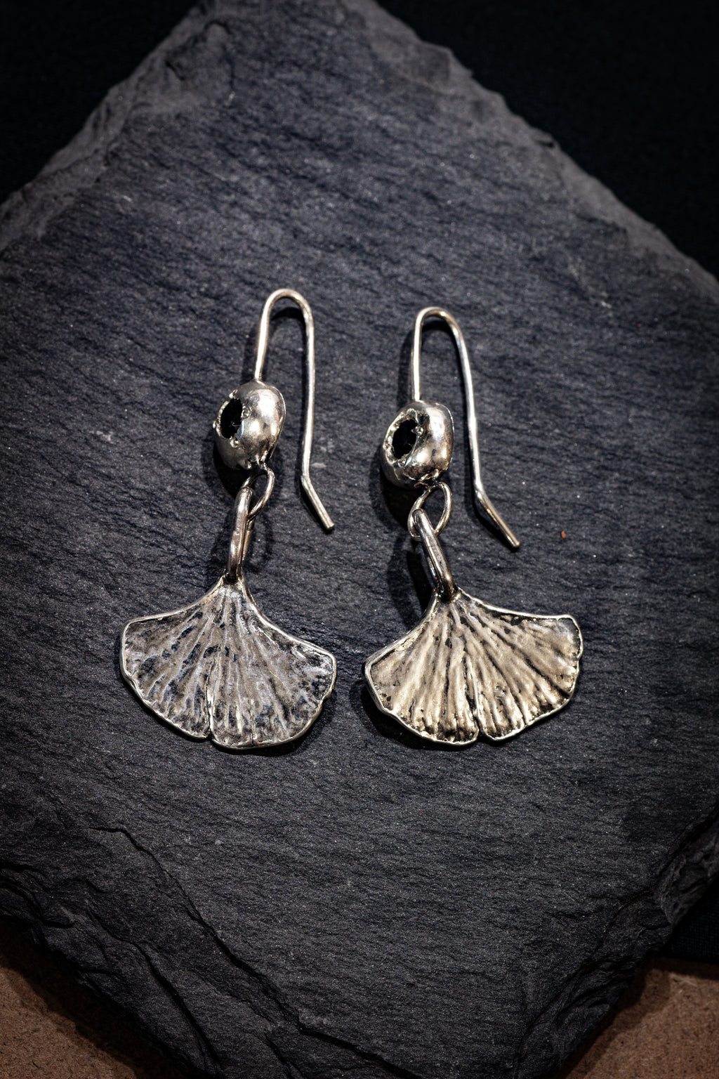 Ginkgo Leaf Earrings with Black Spinel