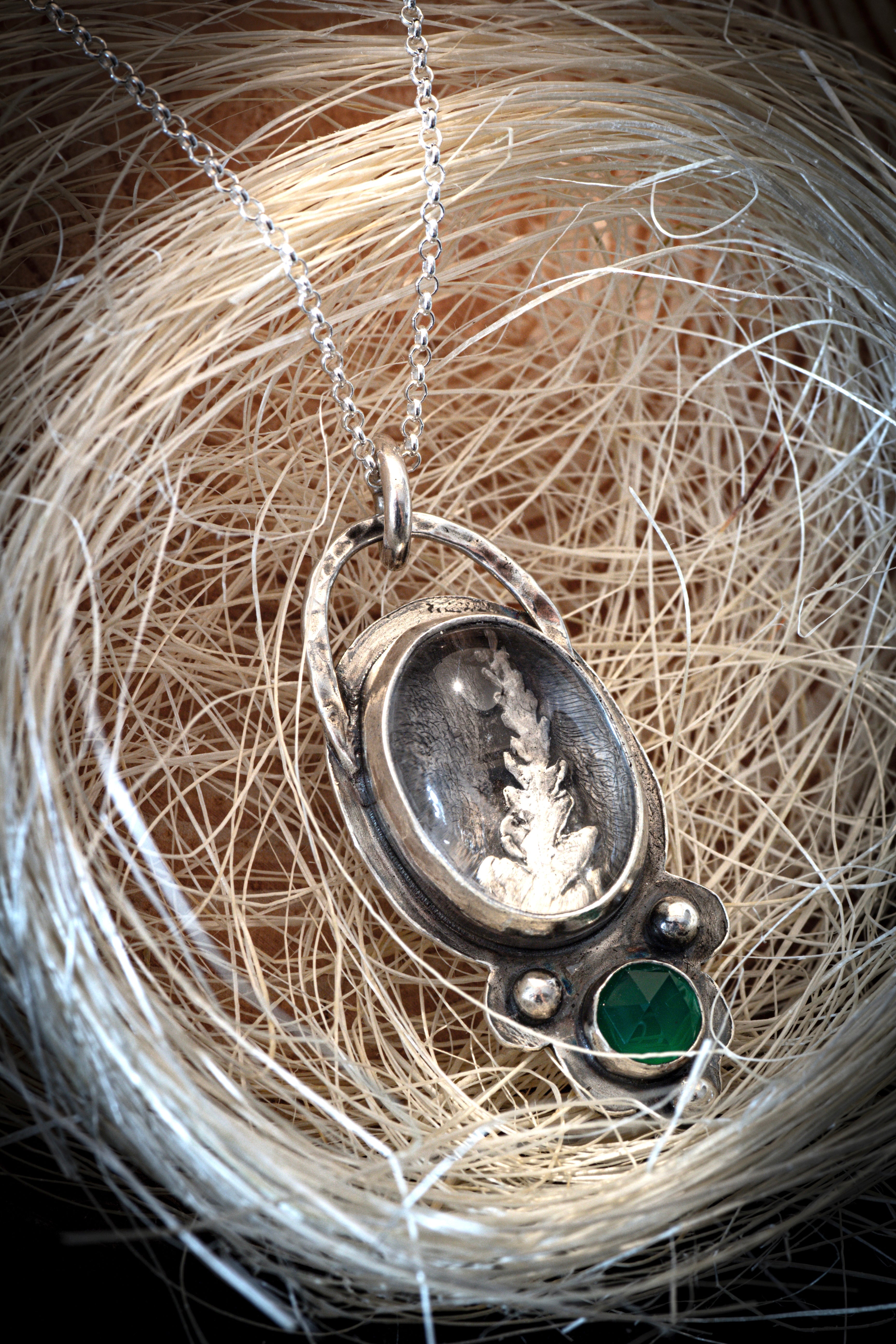 Silver Fern Pendant with Clear Quartz and Green Onyx