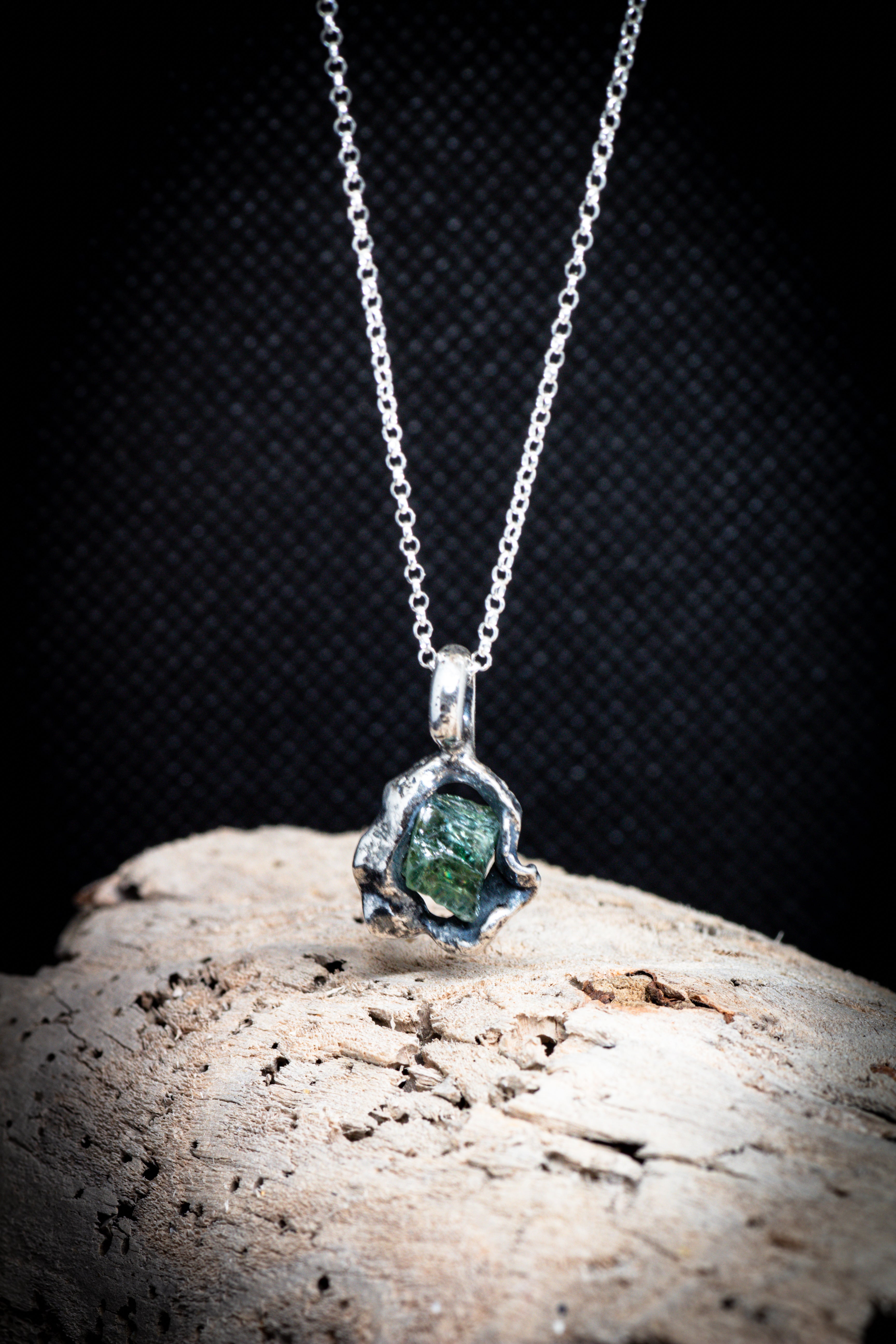 Lava Collection Pendant – Raw Green African Sapphire in Organic Fused Sterling Silver