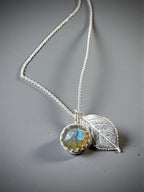 Fine Silver Botanical Pendant featuring Rose-cut Labradorite