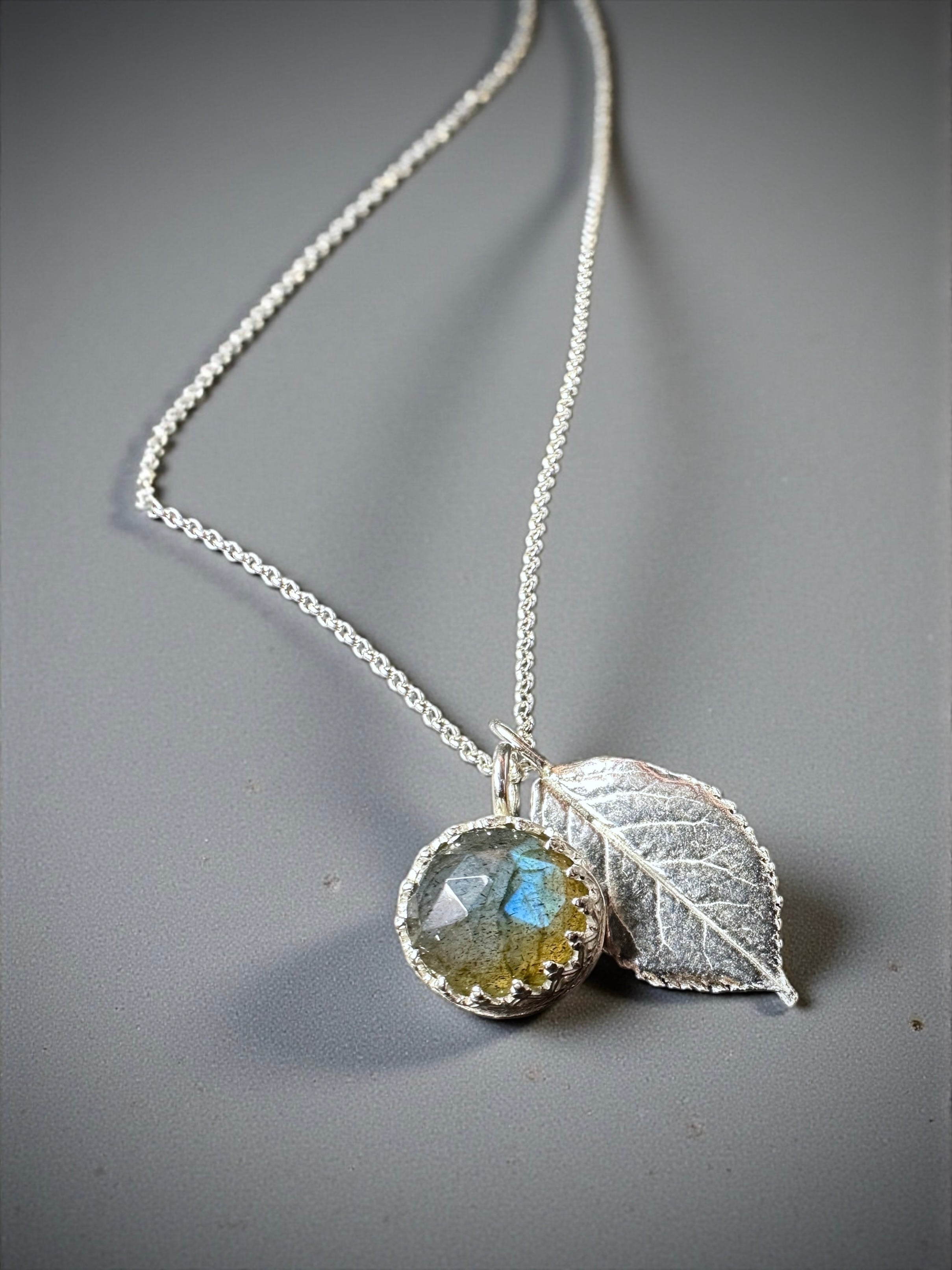 Fine Silver Botanical Pendant featuring Rose-cut Labradorite