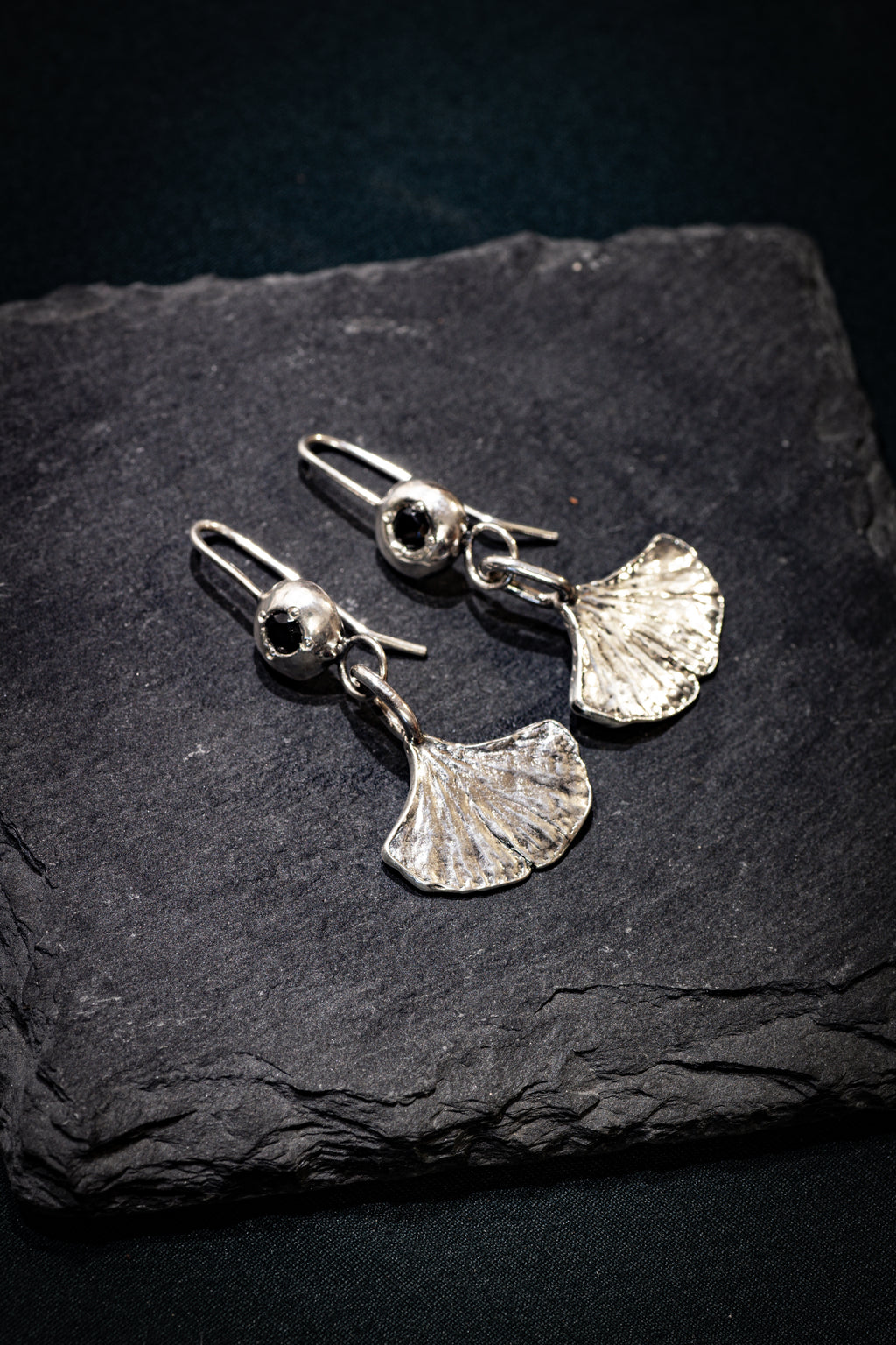 Ginkgo Leaf Earrings with Black Spinel