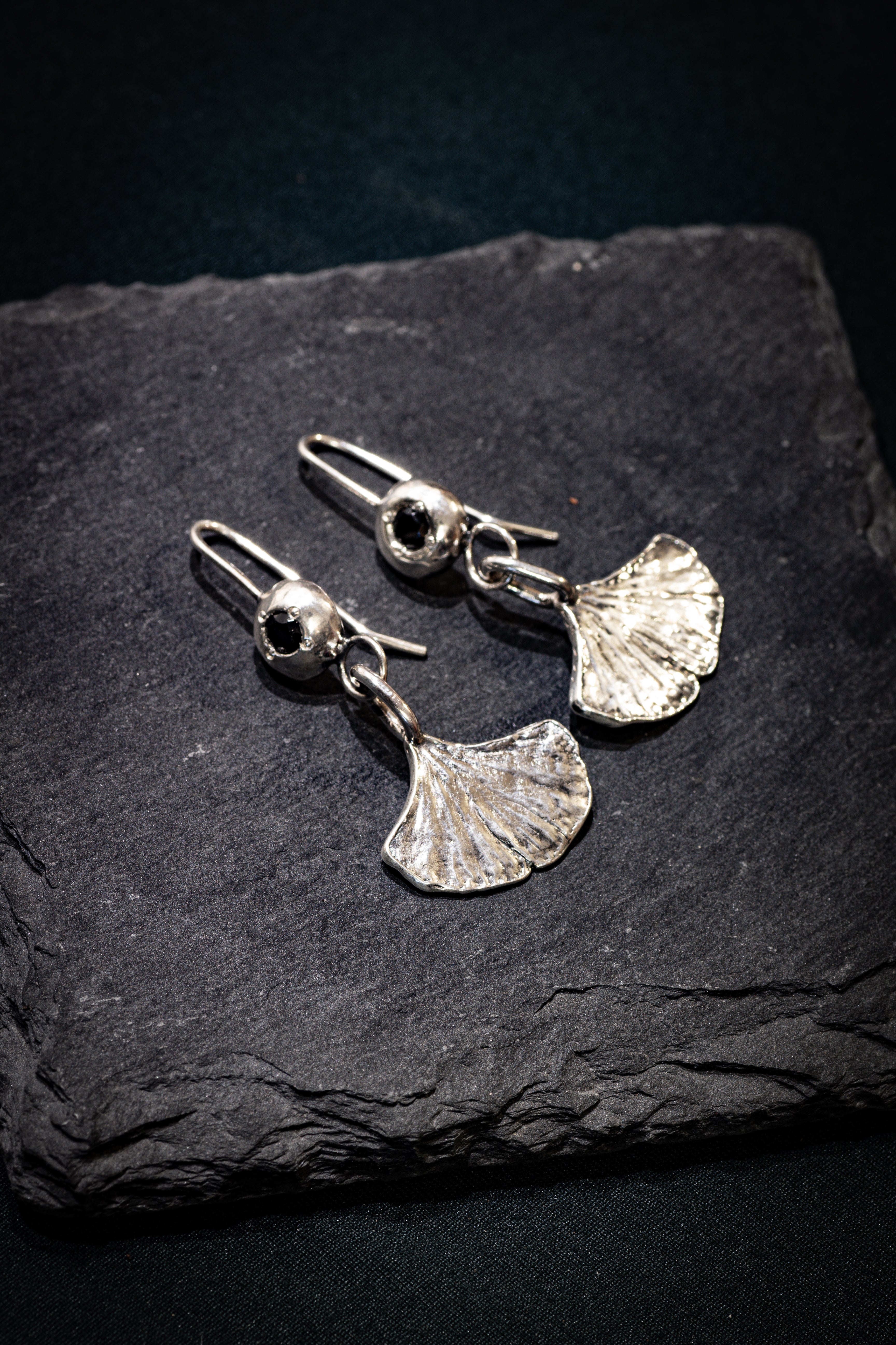 Ginkgo Leaf Earrings with Black Spinel