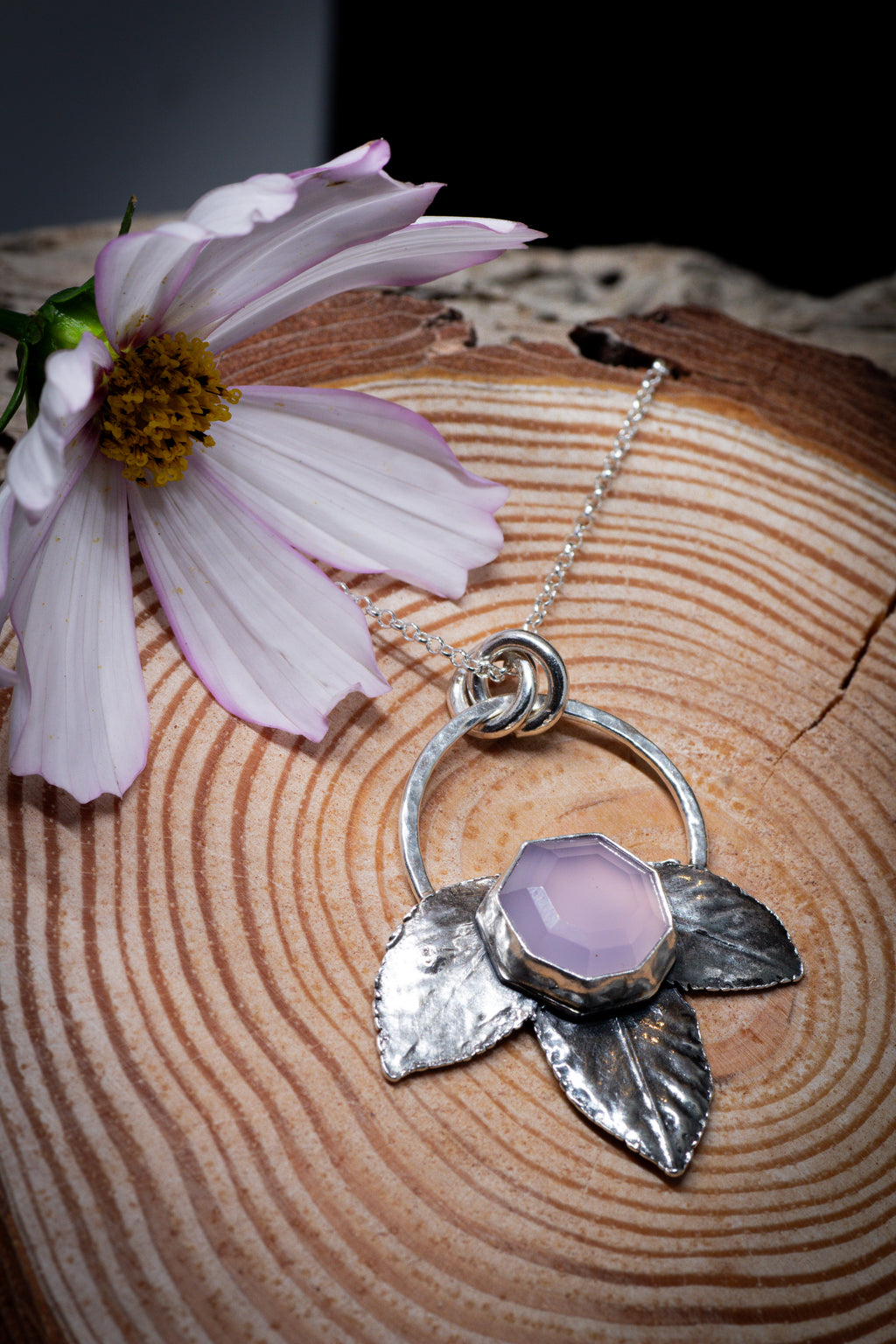 Silver Lavender Chalcedony Rose Leaf Pendant