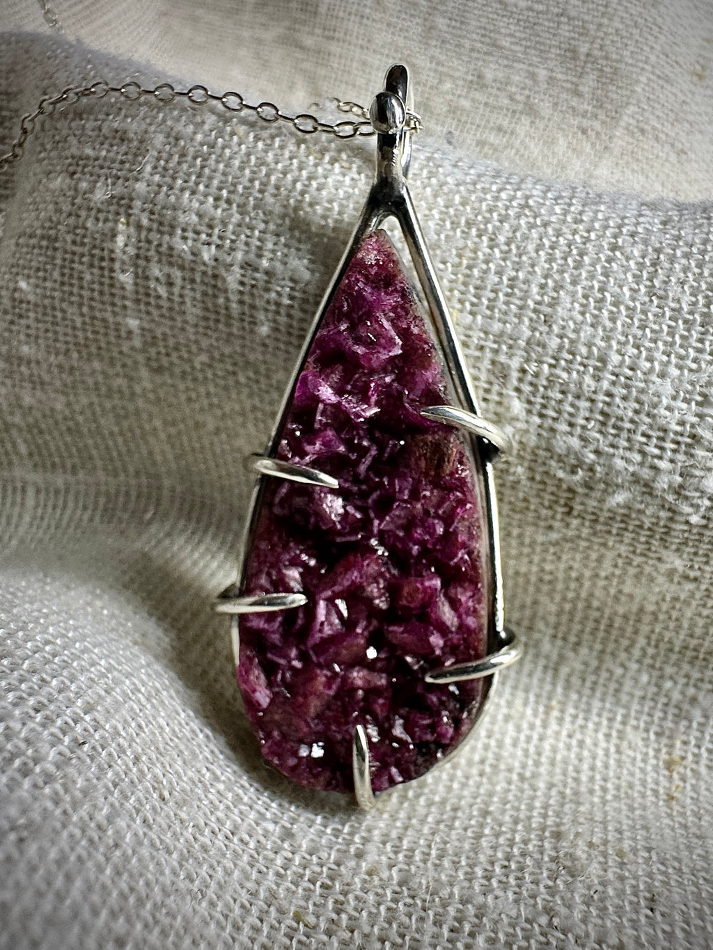 Claw Set Cobalt Calcite Pink Druzy Pendant in Sterling Silver