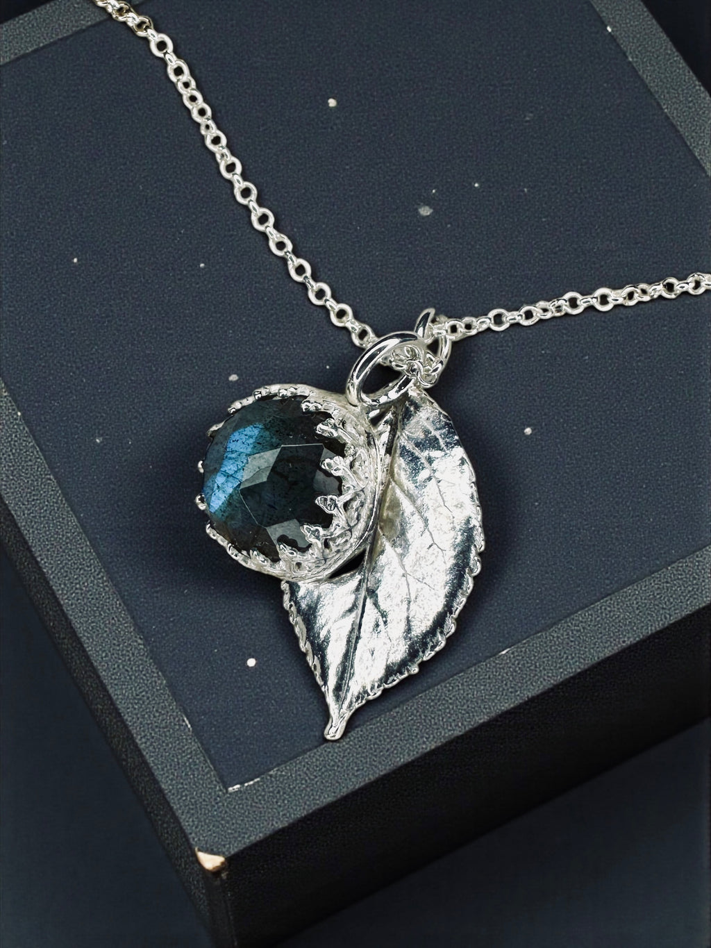 Fine Silver Botanical Pendant featuring Rose-cut Labradorite