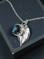 Fine Silver Botanical Pendant featuring Rose-cut Labradorite