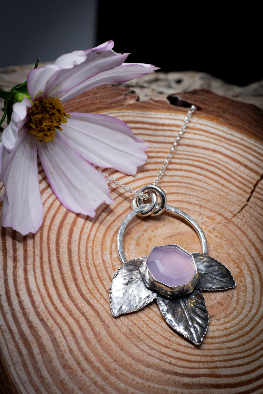 Silver Lavender Chalcedony Rose Leaf Pendant