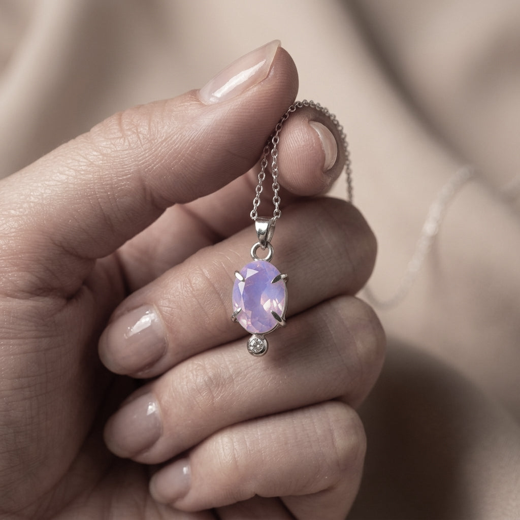 Hand holding a delicate necklace with a pink pendant against a neutral background