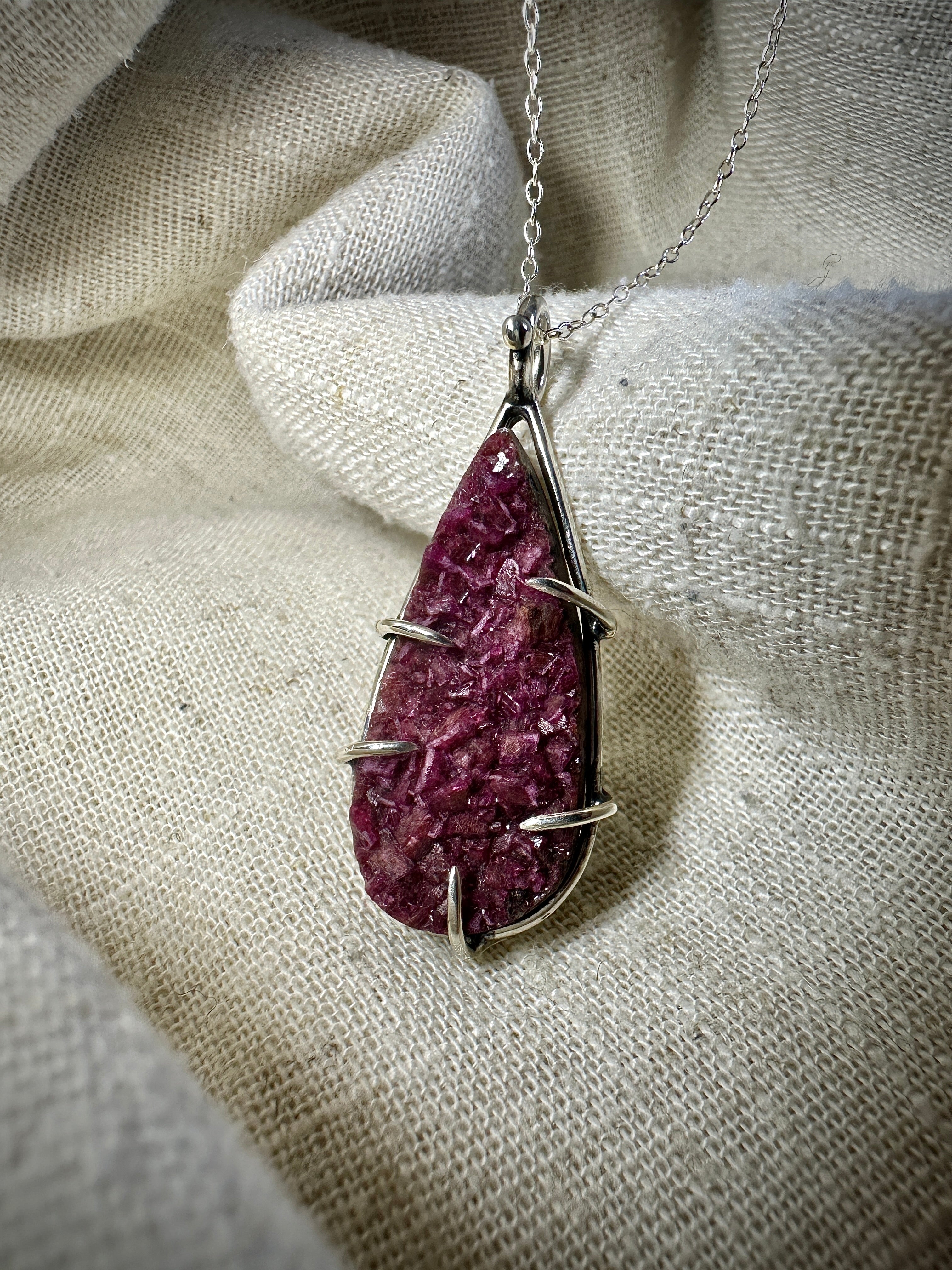 Claw Set Cobalt Calcite Pink Druzy Pendant in Sterling Silver