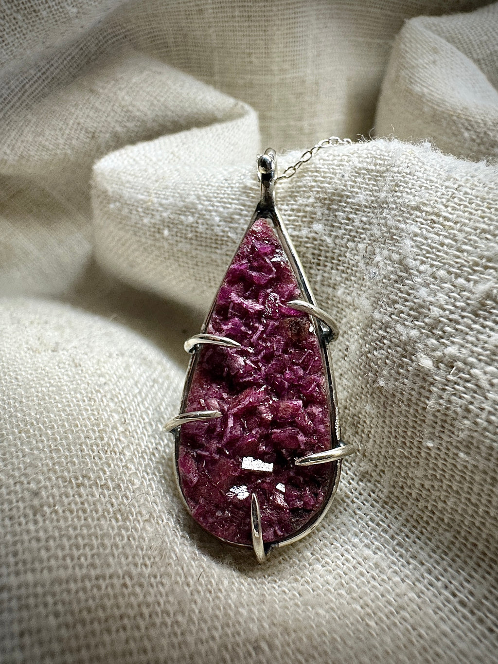 Claw Set Cobalt Calcite Pink Druzy Pendant in Sterling Silver