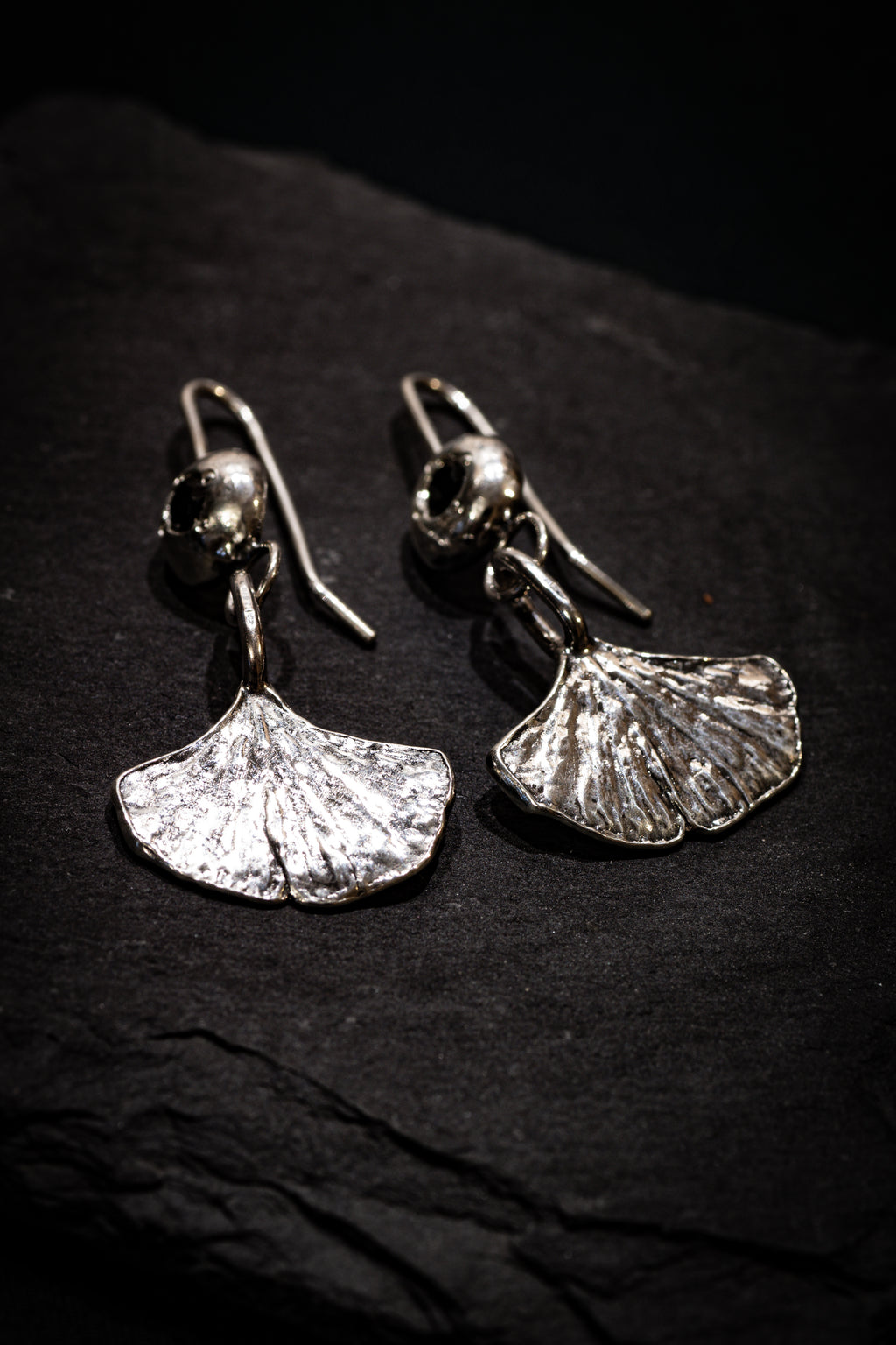 Ginkgo Leaf Earrings with Black Spinel