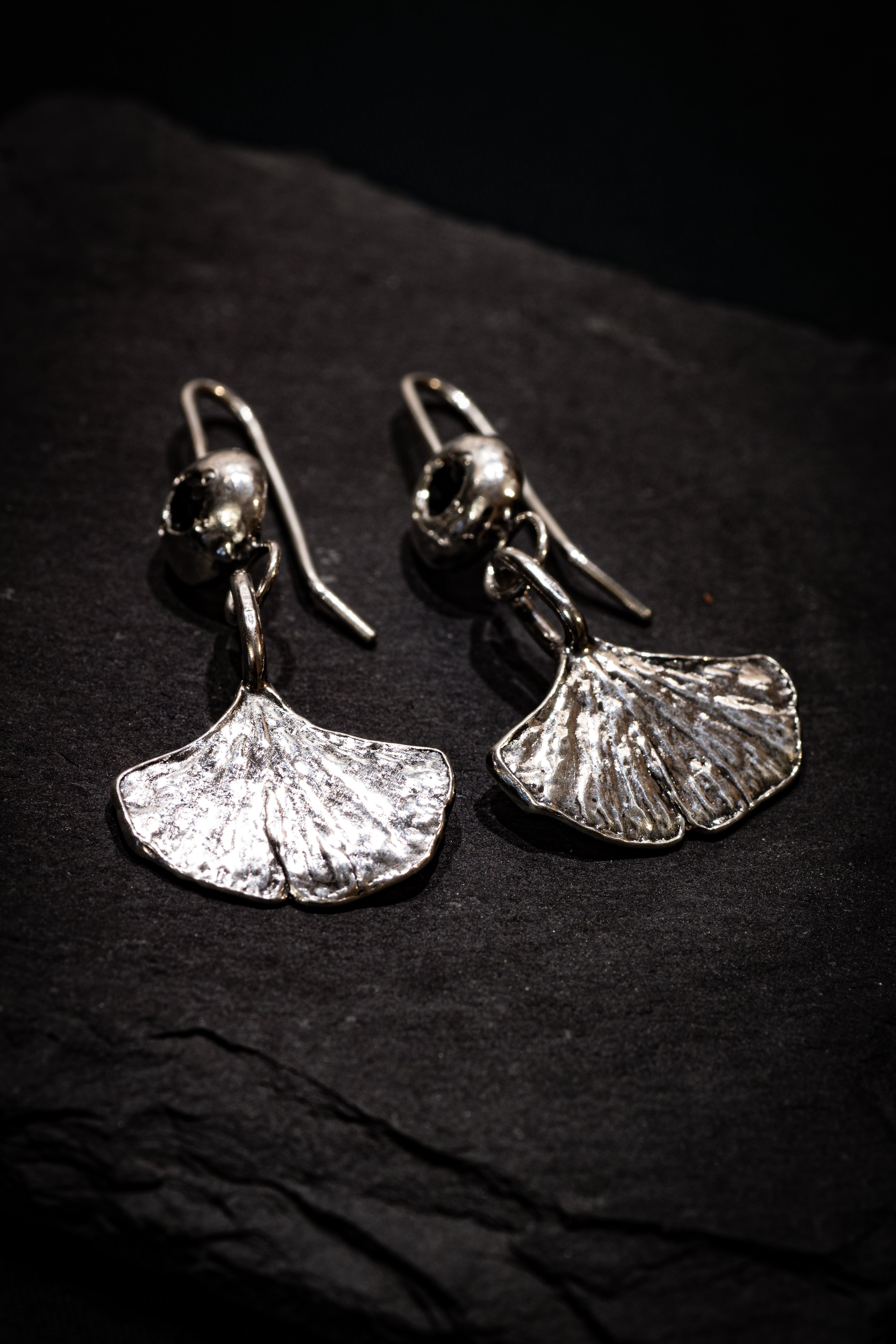 Ginkgo Leaf Earrings with Black Spinel
