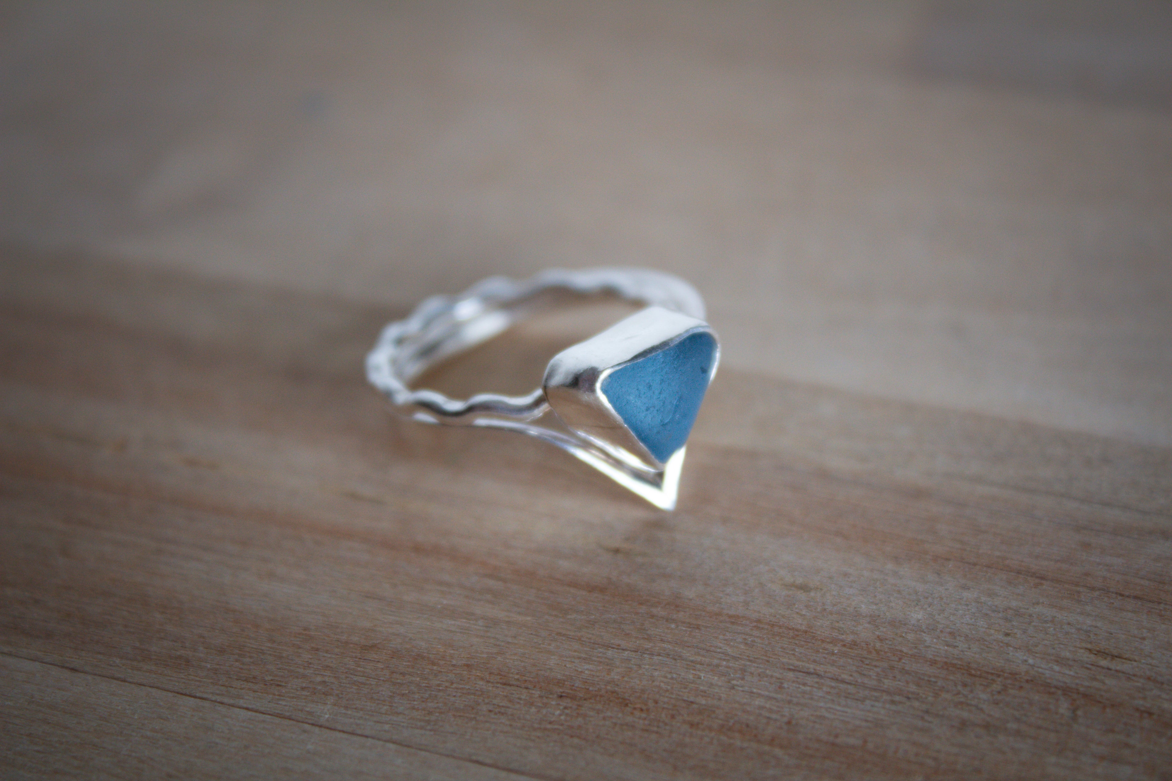Cornflower Blue Sea Glass Ring Stack with Silver Wave & Wishbone bands - Size P