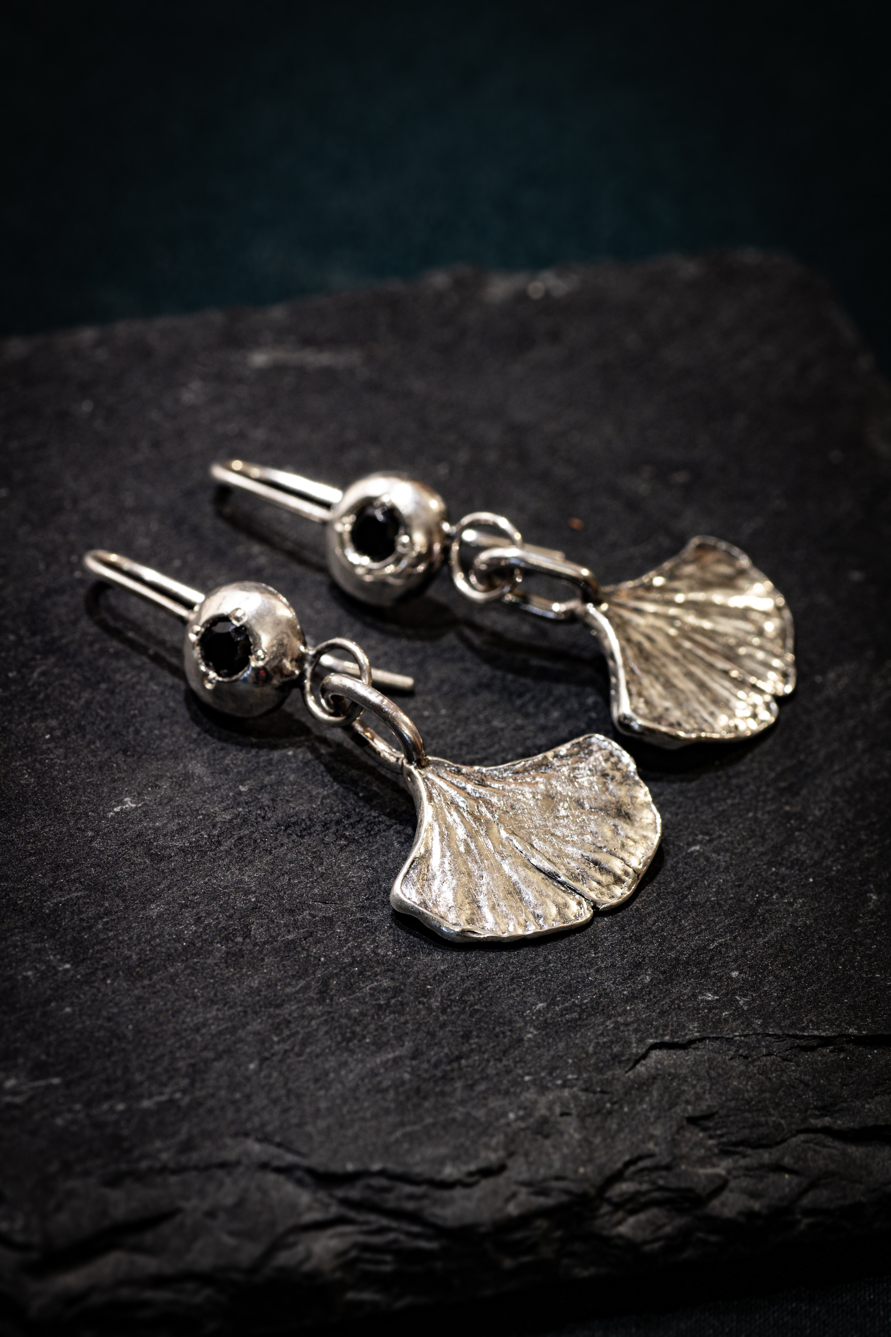 Ginkgo Leaf Earrings with Black Spinel
