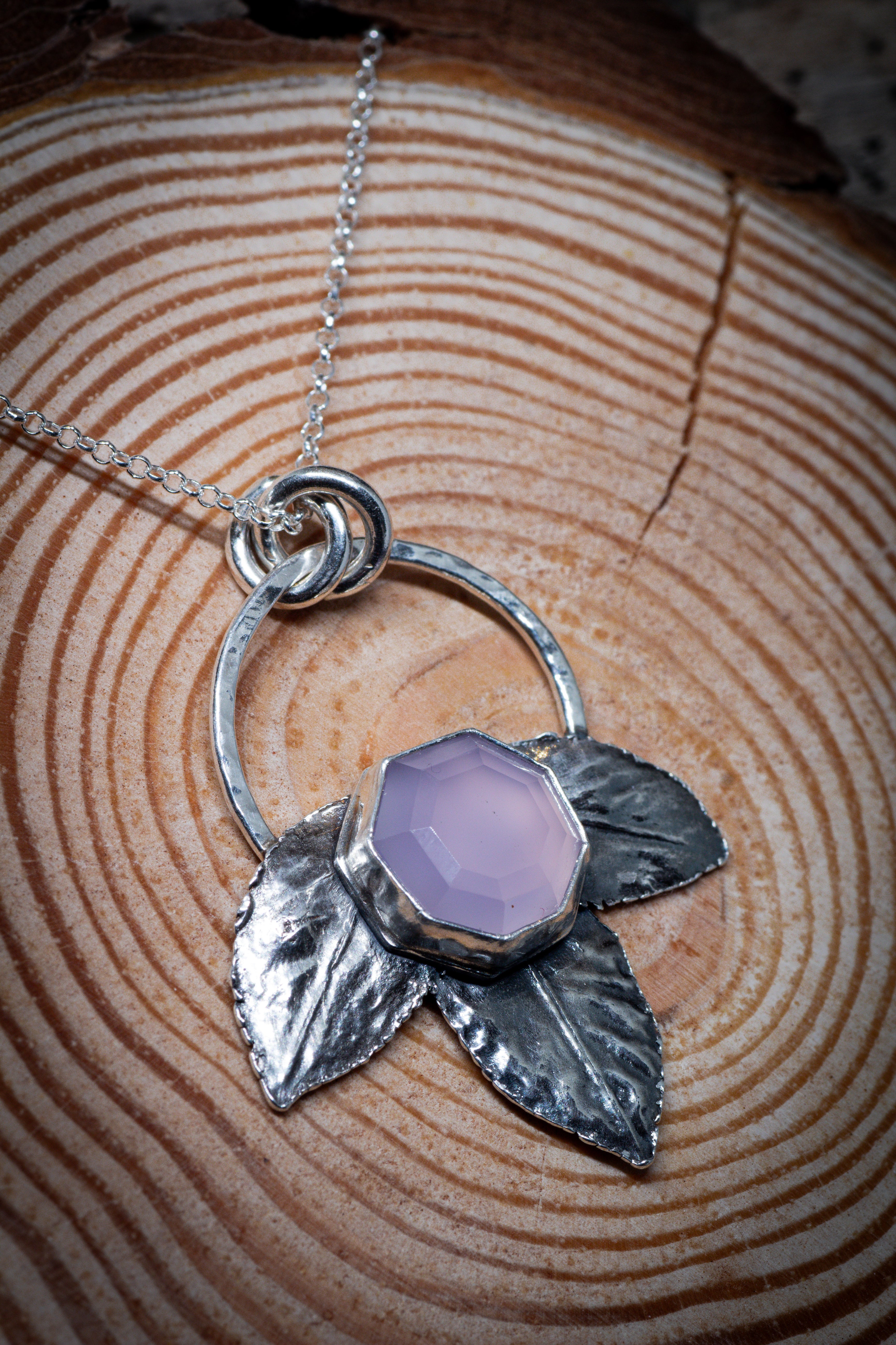 Silver Lavender Chalcedony Rose Leaf Pendant