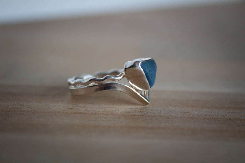 Cornflower Blue Sea Glass Ring Stack with Silver Wave & Wishbone bands - Size P