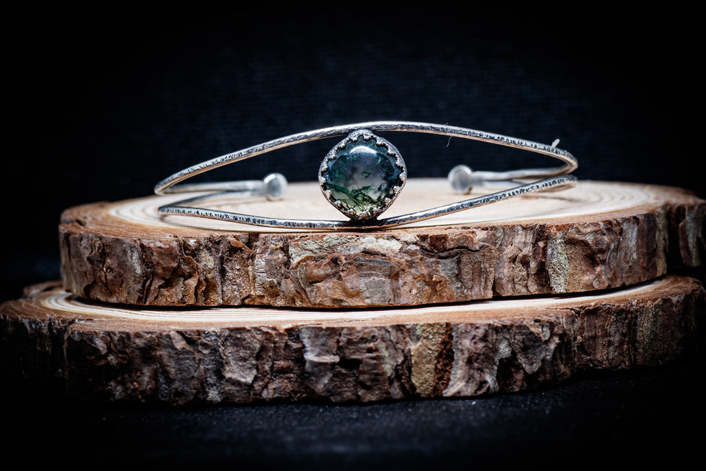 Handmade Sterling Silver Bracelet with Moss Agate | Adjustable Nature-Inspired Cuff