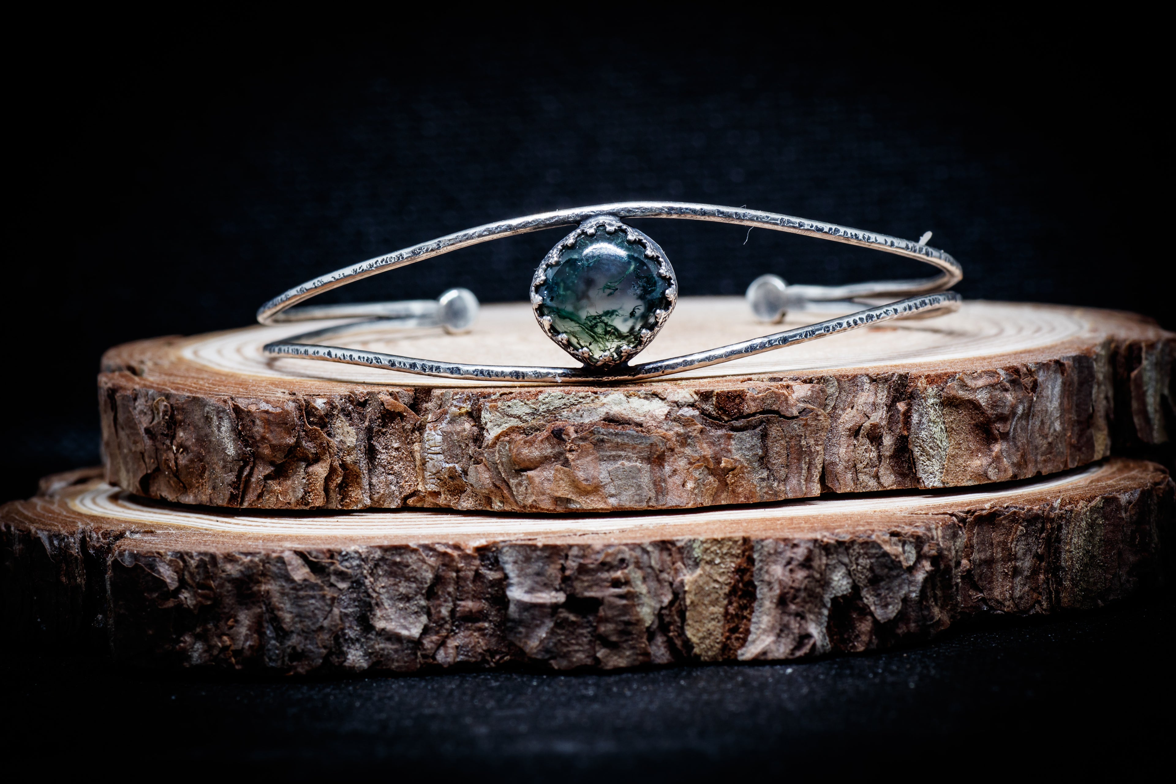 Handmade Sterling Silver Bracelet with Moss Agate | Adjustable Nature-Inspired Cuff