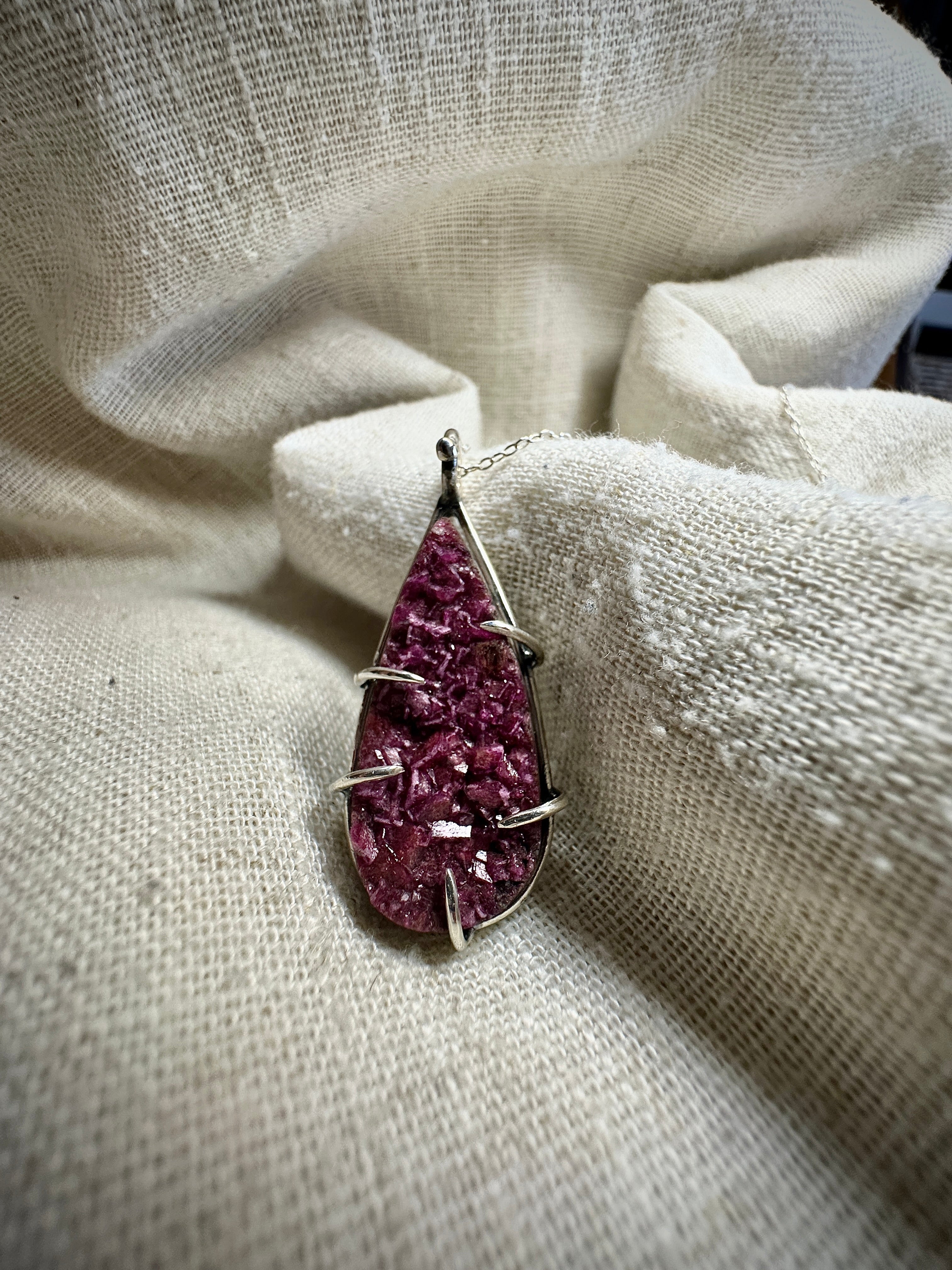 Claw Set Cobalt Calcite Pink Druzy Pendant in Sterling Silver