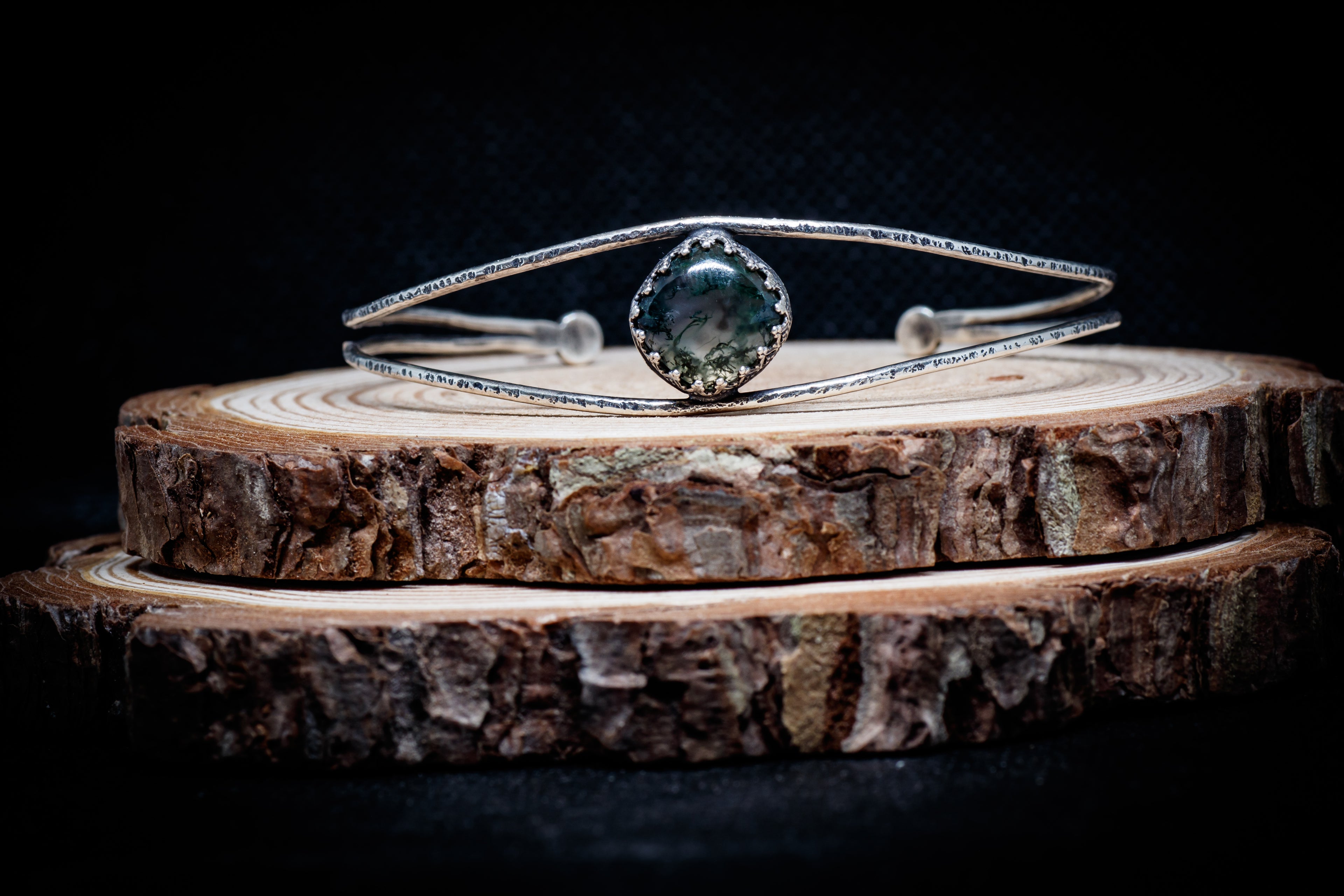 Handmade Sterling Silver Bracelet with Moss Agate | Adjustable Nature-Inspired Cuff