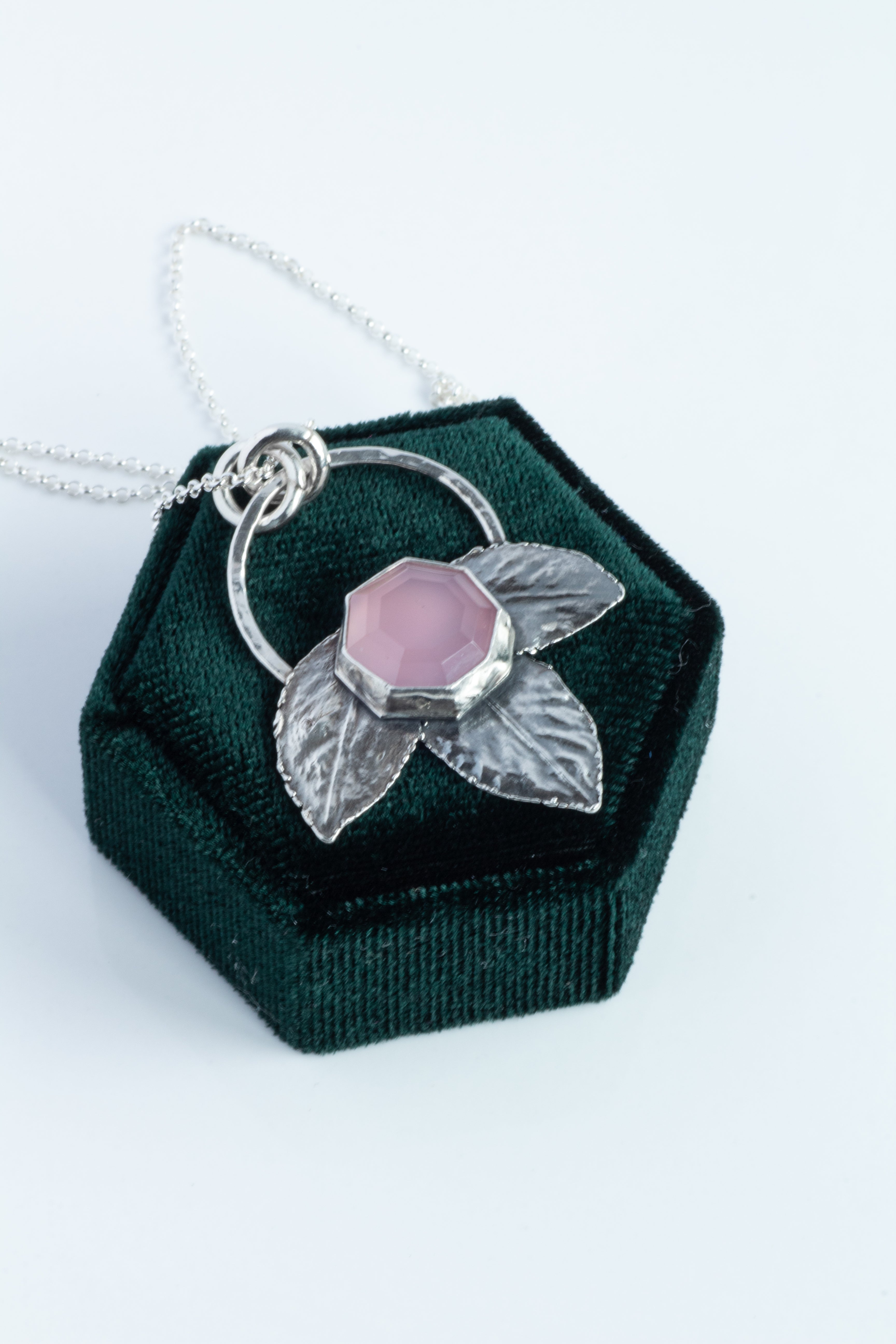 Silver Lavender Chalcedony Rose Leaf Pendant