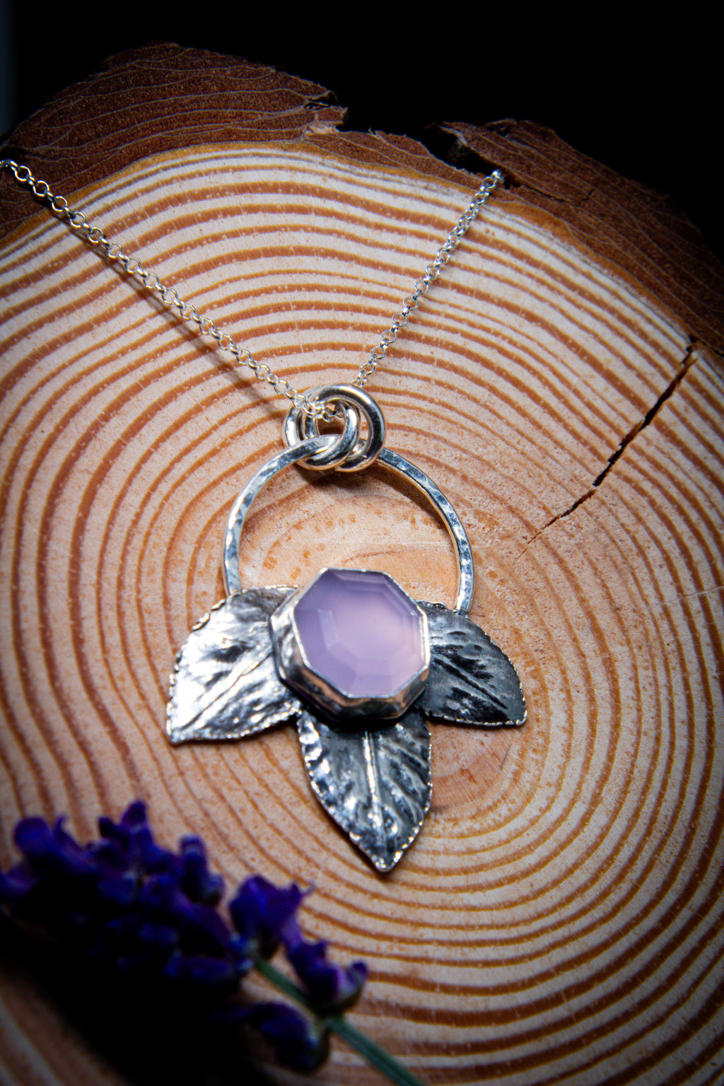 Silver Lavender Chalcedony Rose Leaf Pendant