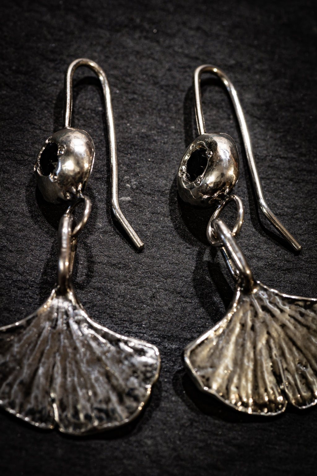 Ginkgo Leaf Earrings with Black Spinel
