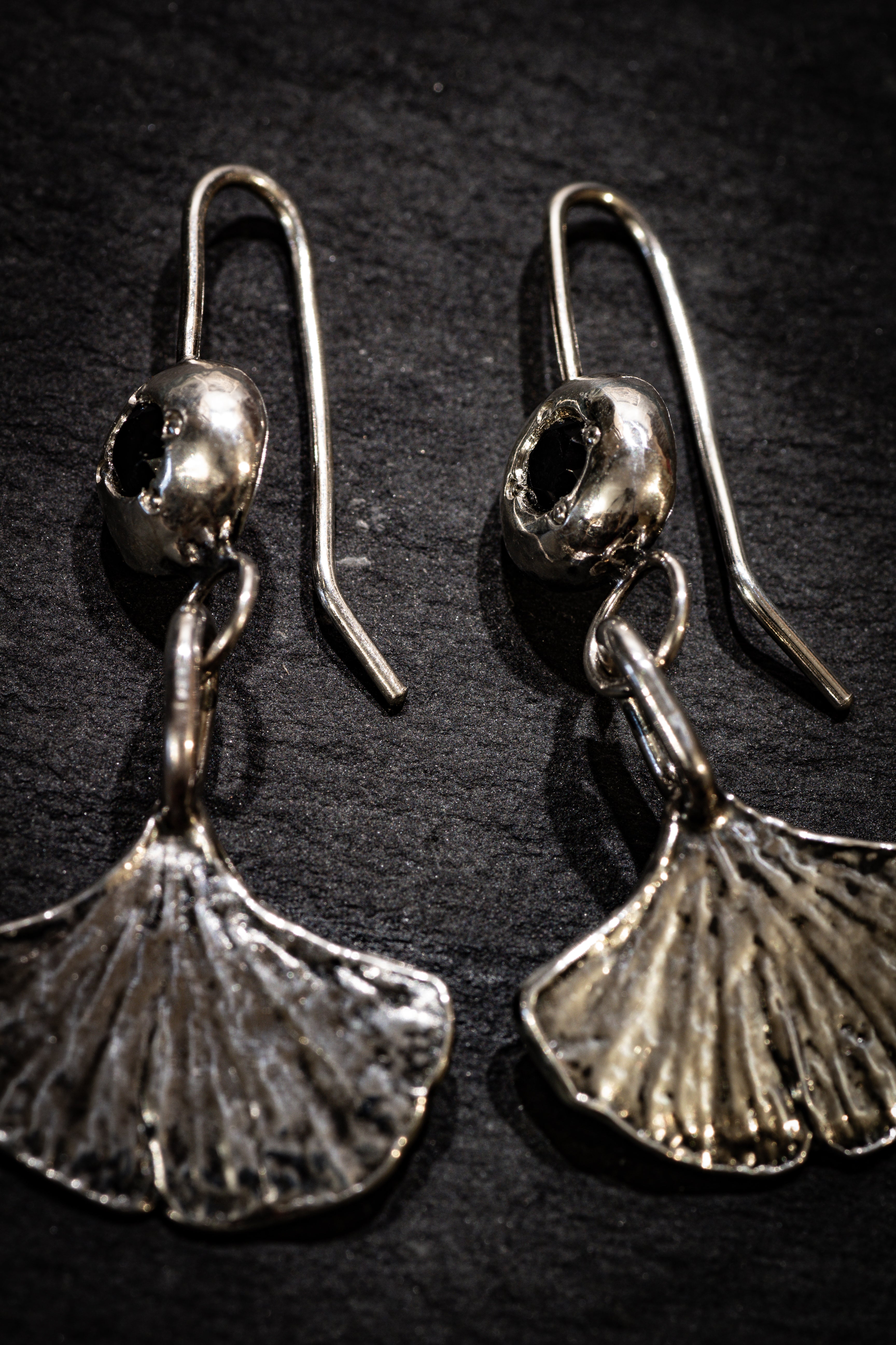 Ginkgo Leaf Earrings with Black Spinel