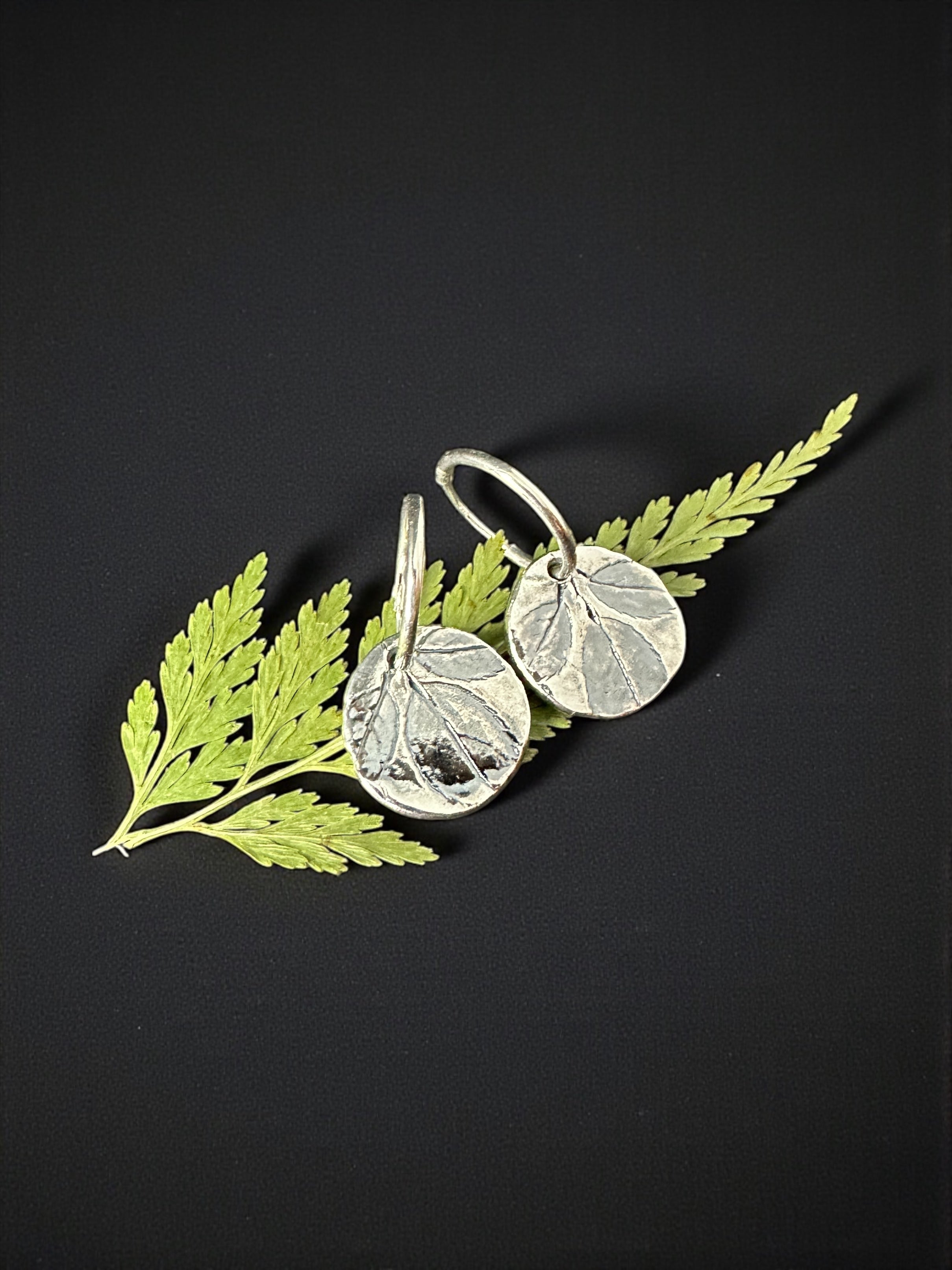 Rose Leaf Imprint Fine Silver Earrings on Sterling Creole Hoops