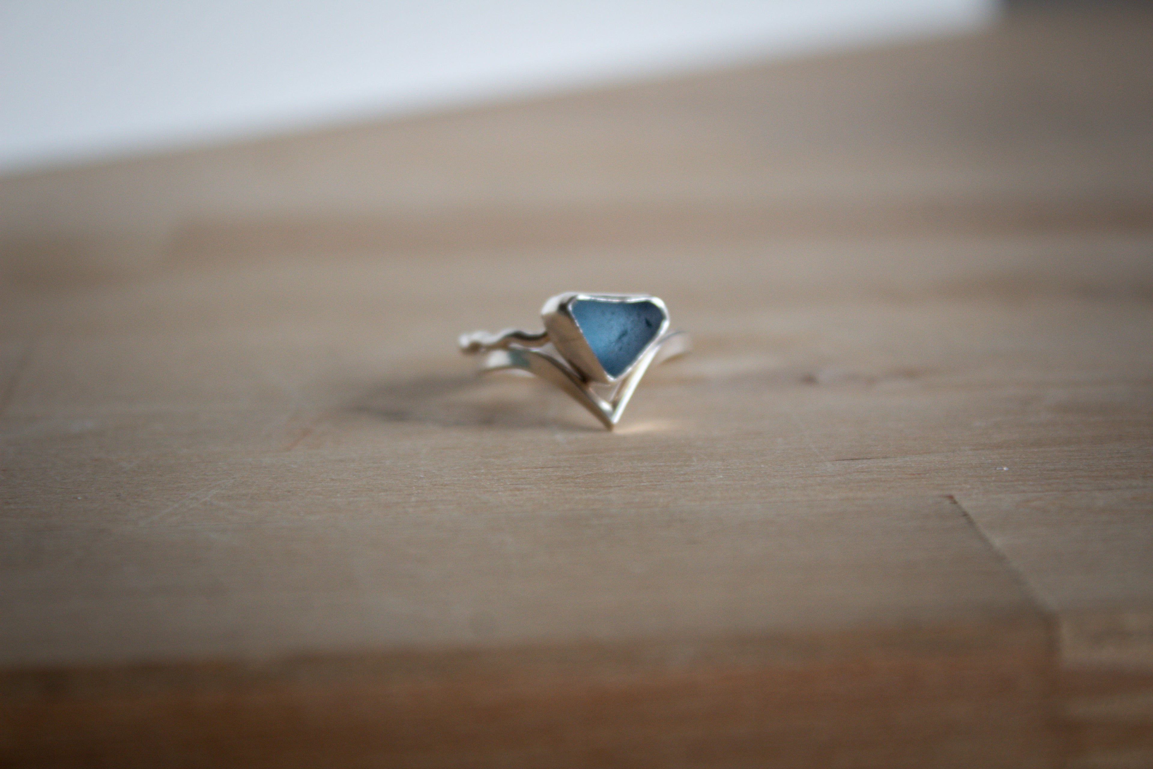 Cornflower Blue Sea Glass Ring Stack with Silver Wave & Wishbone bands - Size P