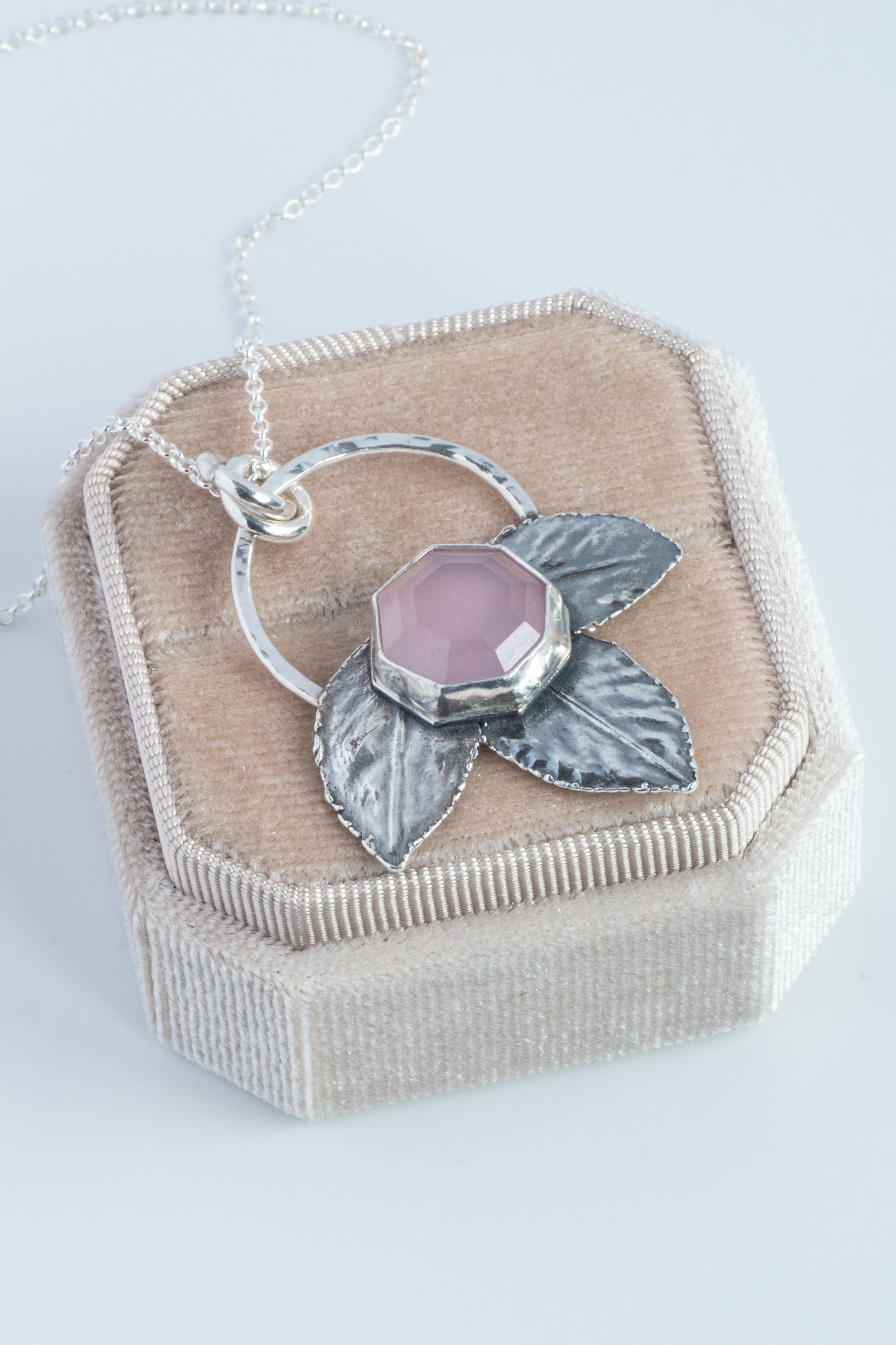 Silver Lavender Chalcedony Rose Leaf Pendant