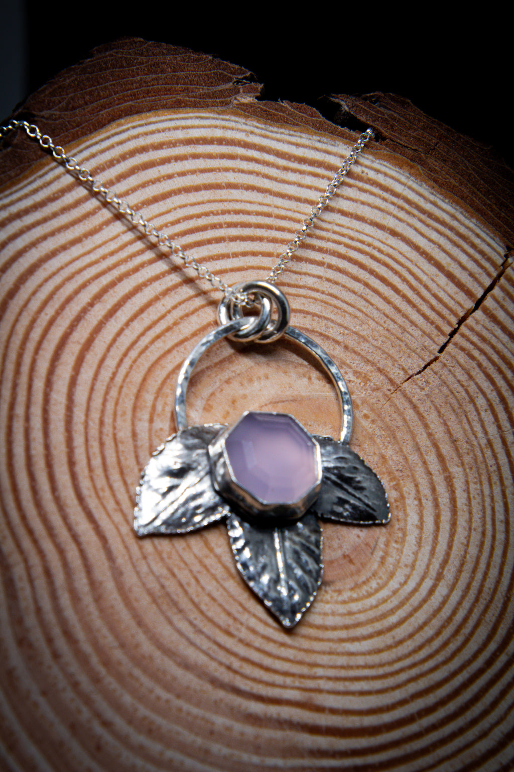 Silver Lavender Chalcedony Rose Leaf Pendant
