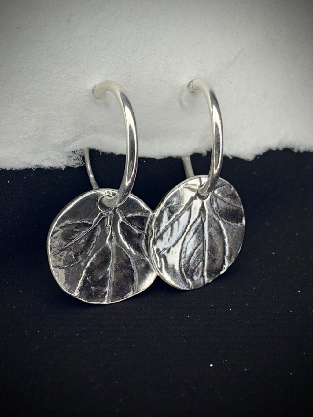 Rose Leaf Imprint Fine Silver Earrings on Sterling Creole Hoops
