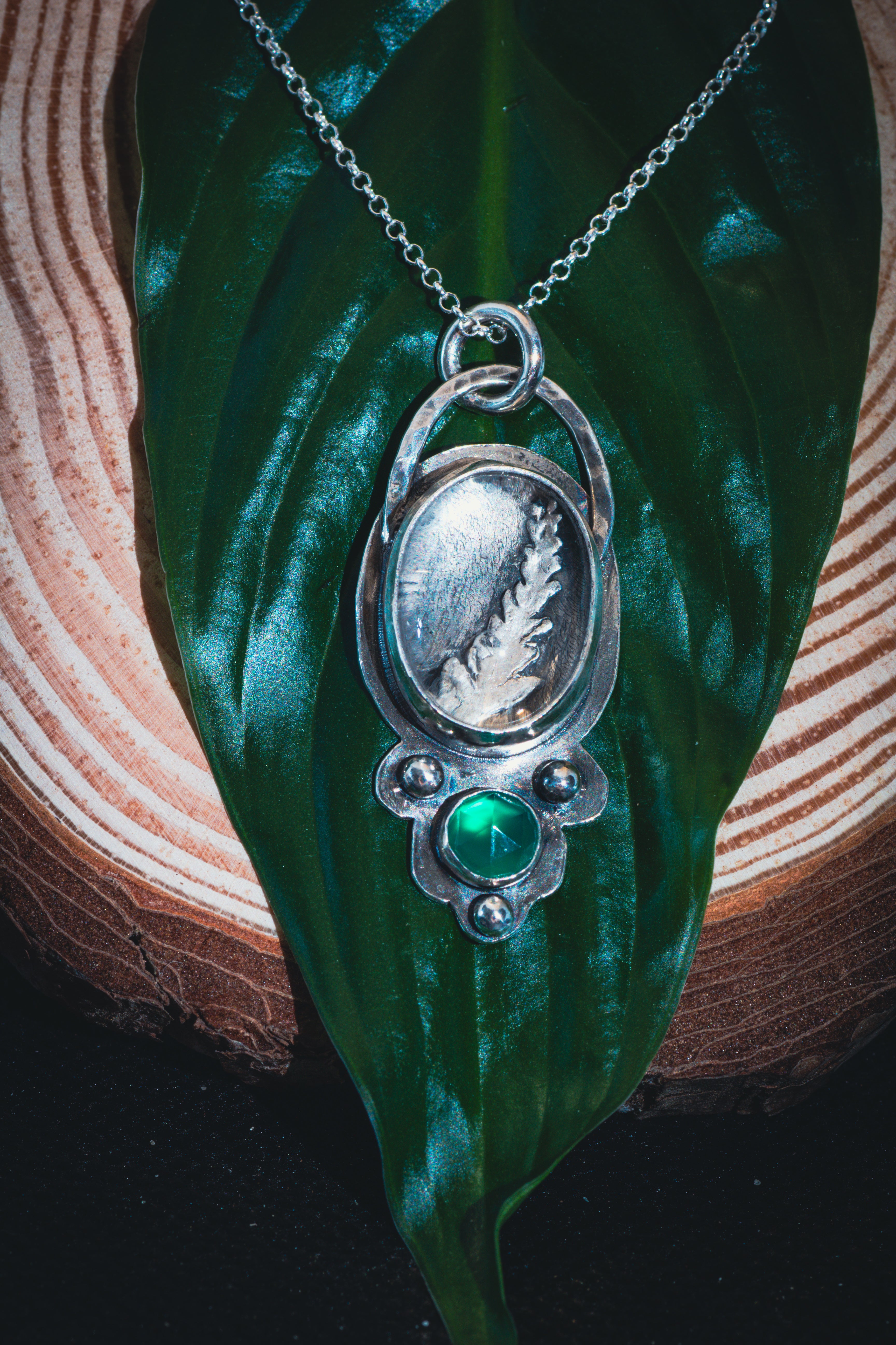 Silver Fern Pendant with Clear Quartz and Green Onyx