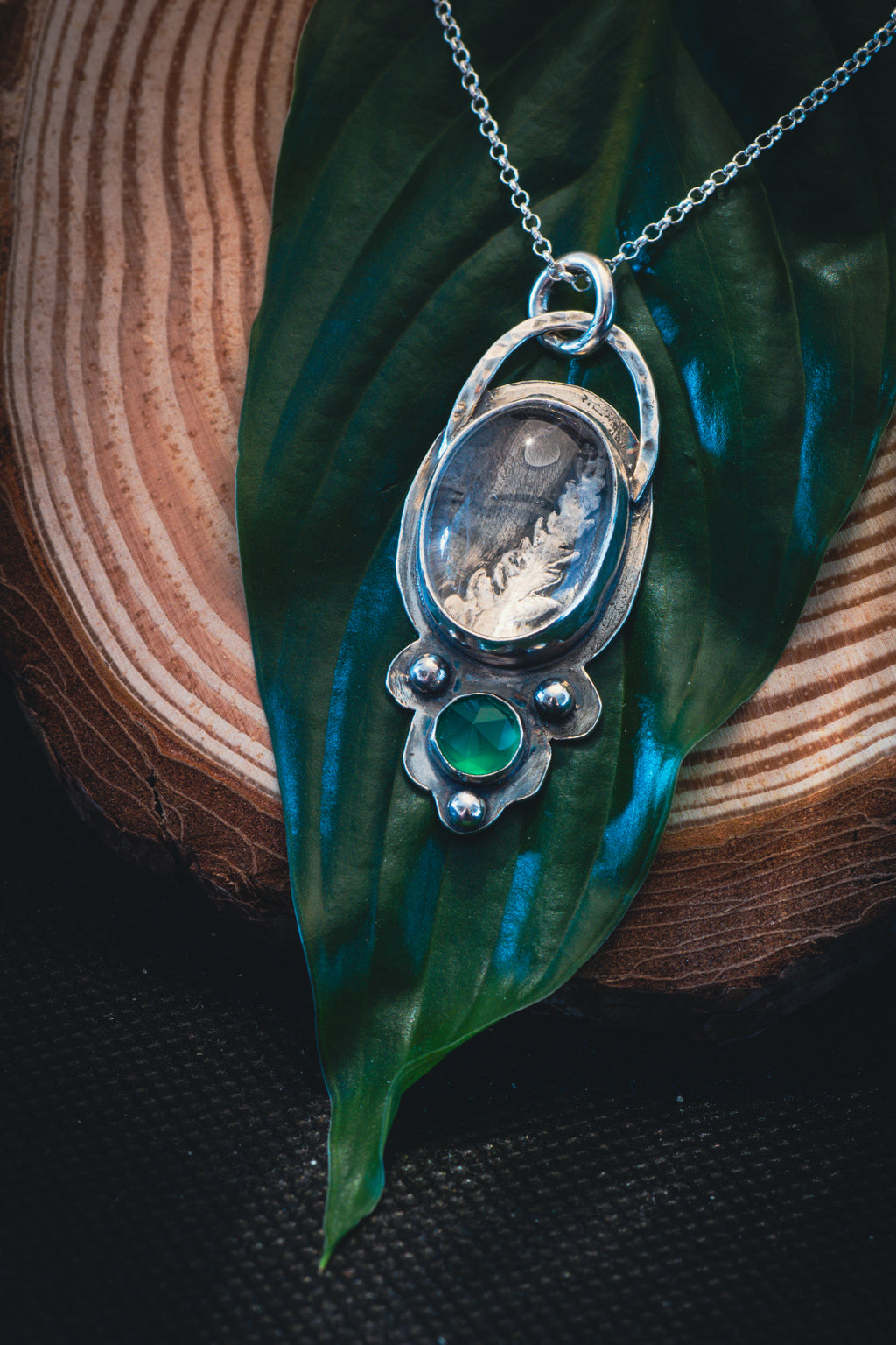 Silver Fern Pendant with Clear Quartz and Green Onyx