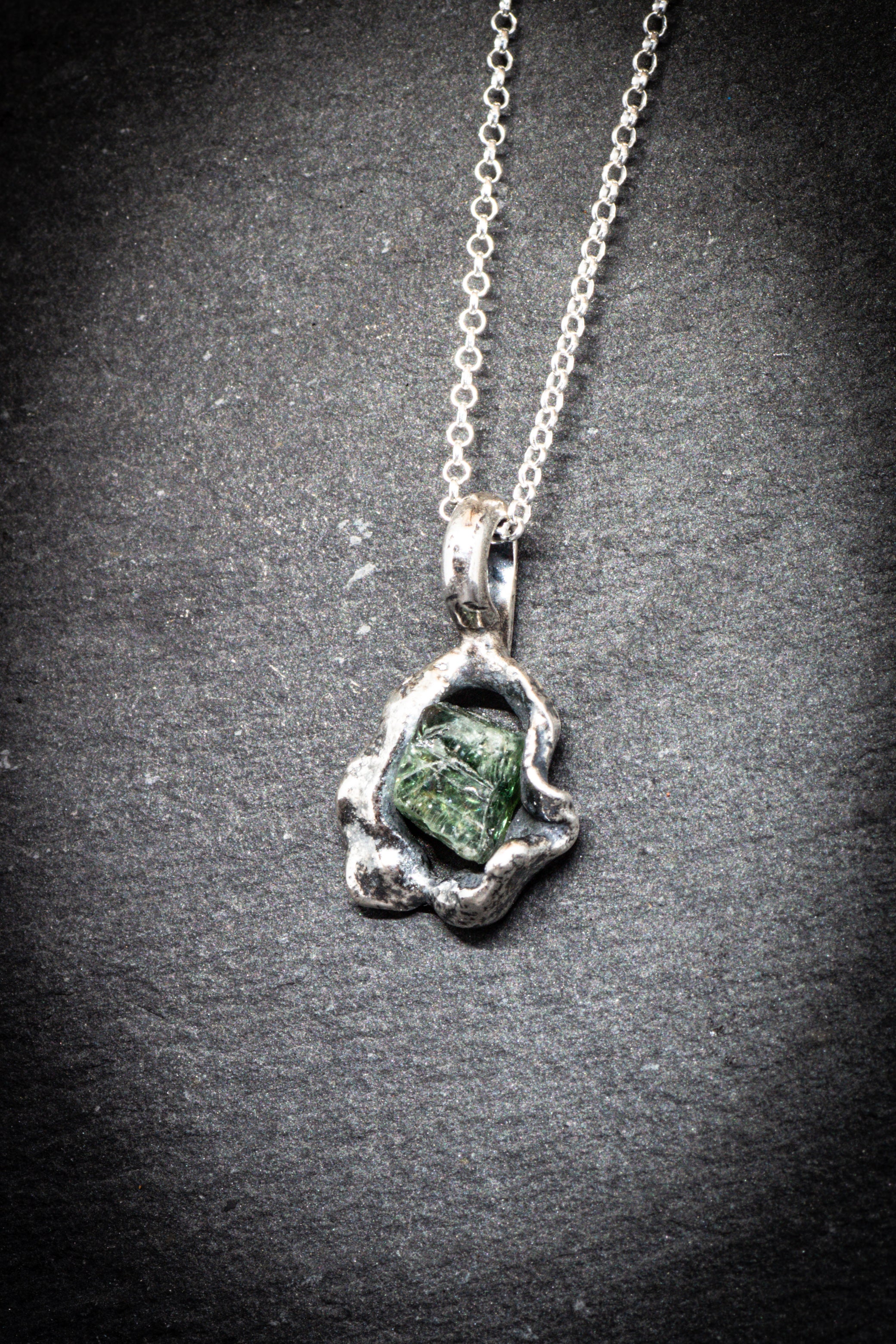 Lava Collection Pendant – Raw Green African Sapphire in Organic Fused Sterling Silver