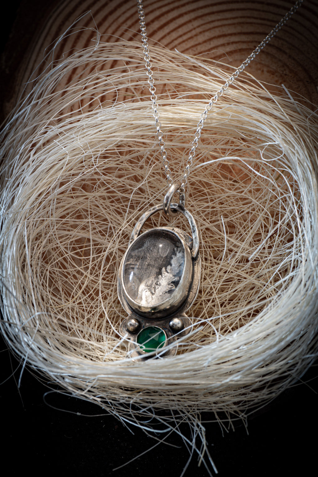 Silver Fern Pendant with Clear Quartz and Green Onyx