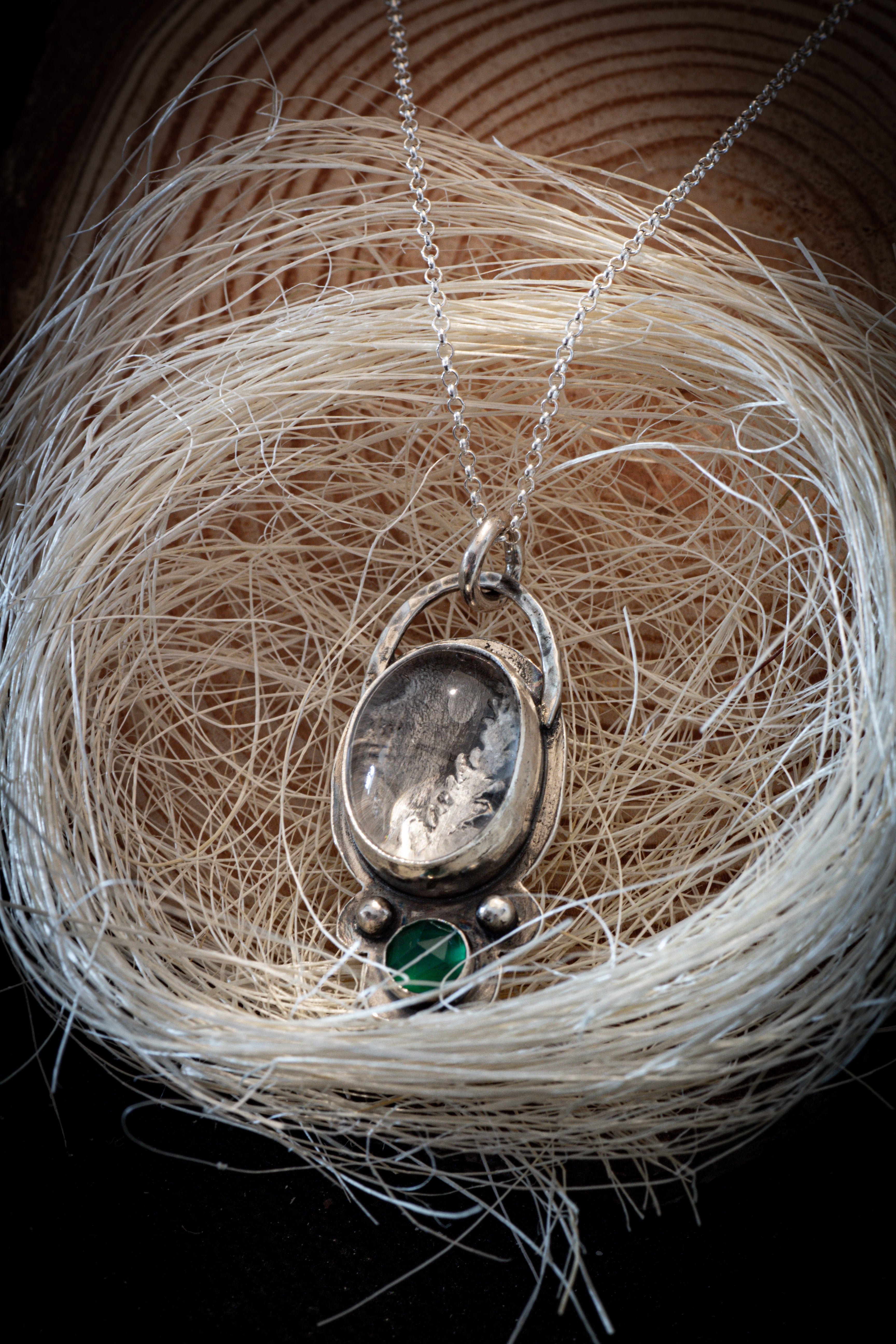 Silver Fern Pendant with Clear Quartz and Green Onyx
