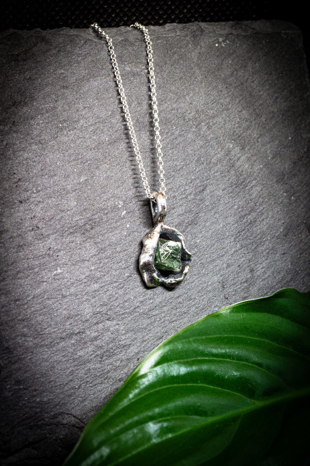 Lava Collection Pendant – Raw Green African Sapphire in Organic Fused Sterling Silver