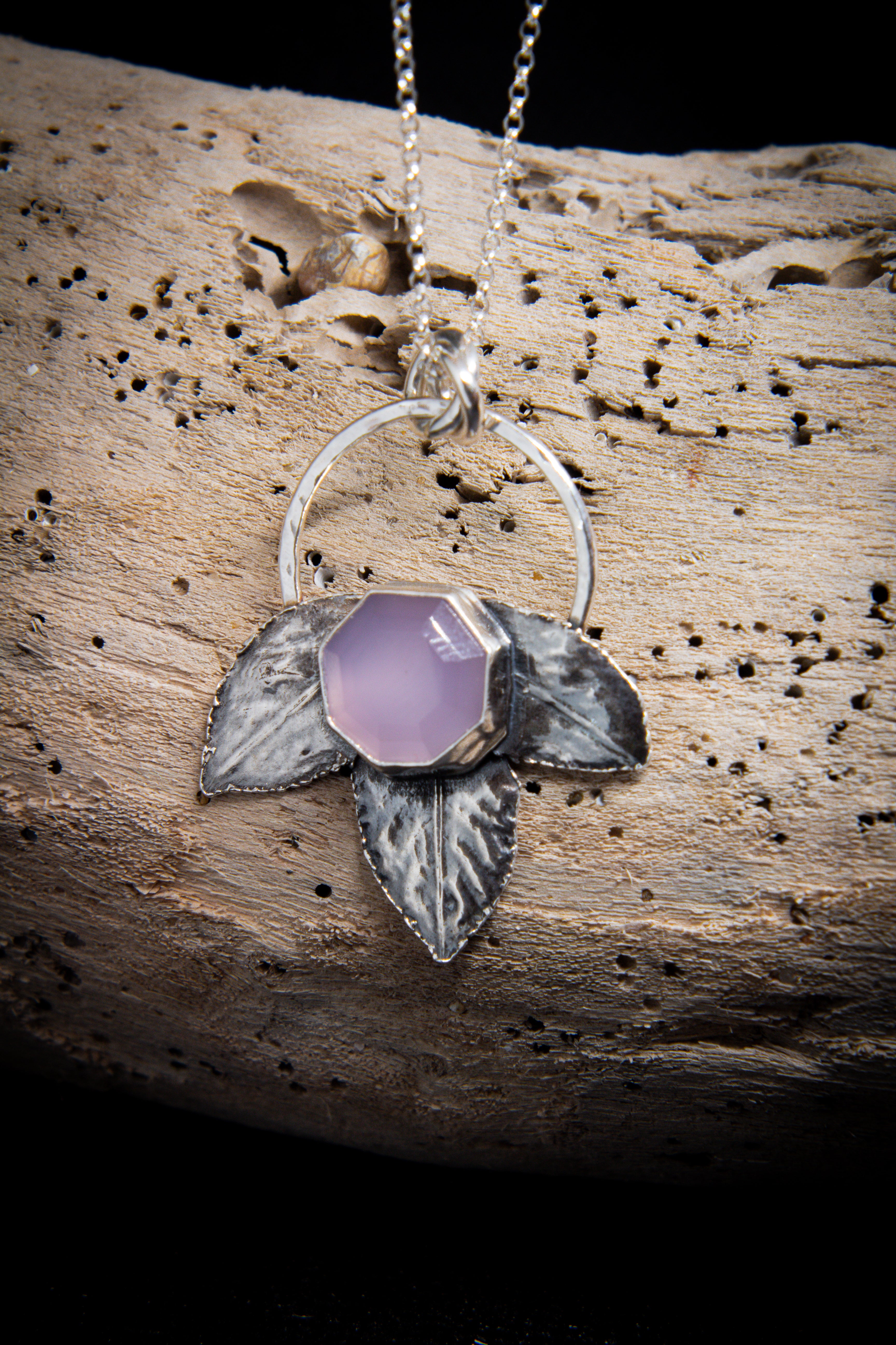 Silver Lavender Chalcedony Rose Leaf Pendant