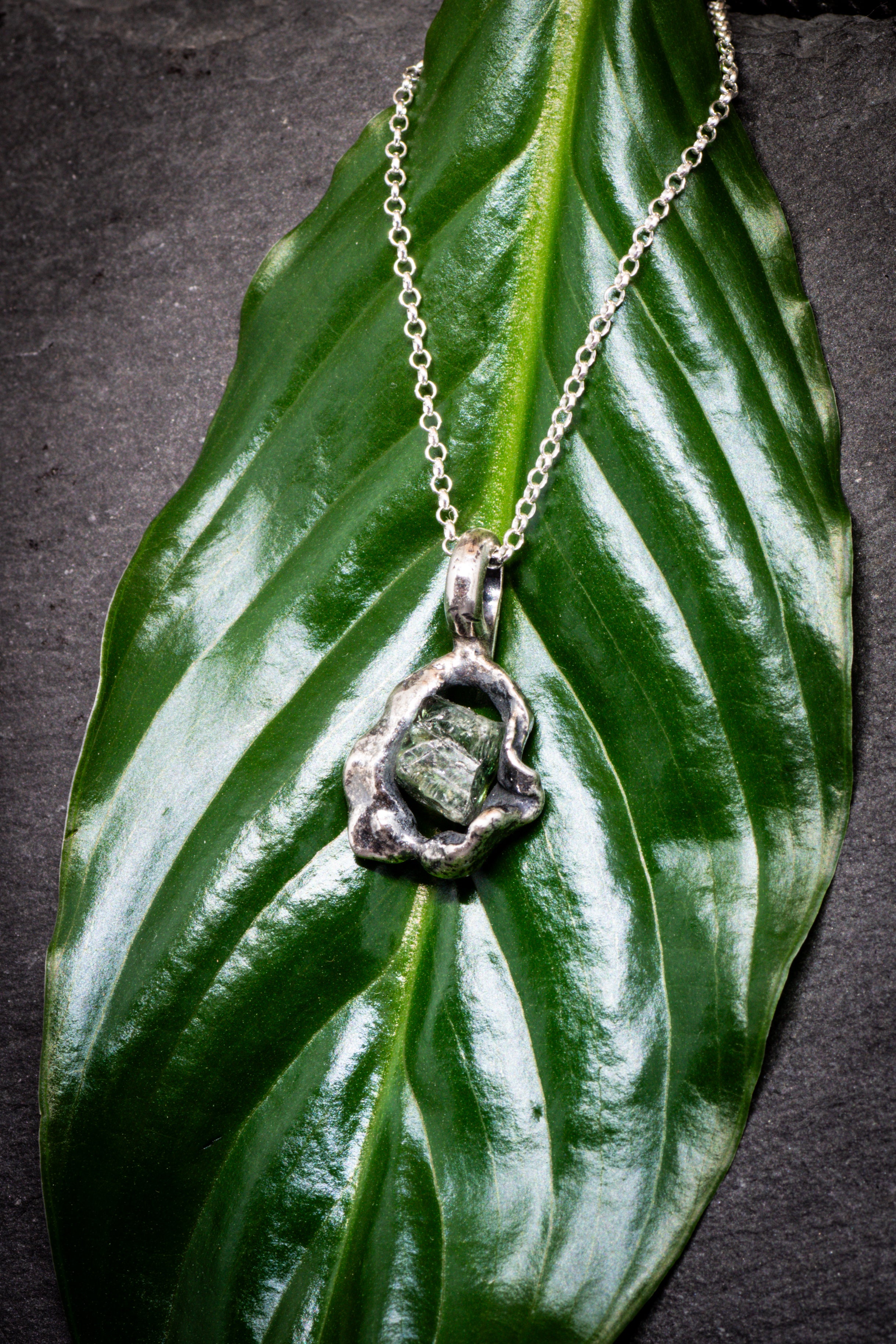 Lava Collection Pendant – Raw Green African Sapphire in Organic Fused Sterling Silver