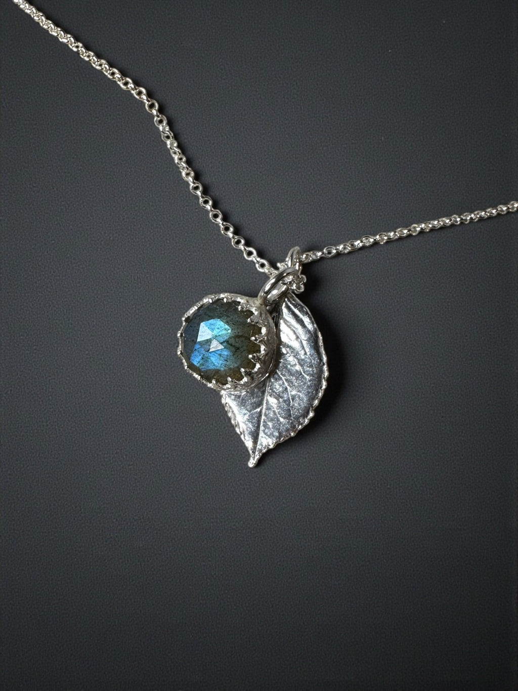 Fine Silver Botanical Pendant featuring Rose-cut Labradorite