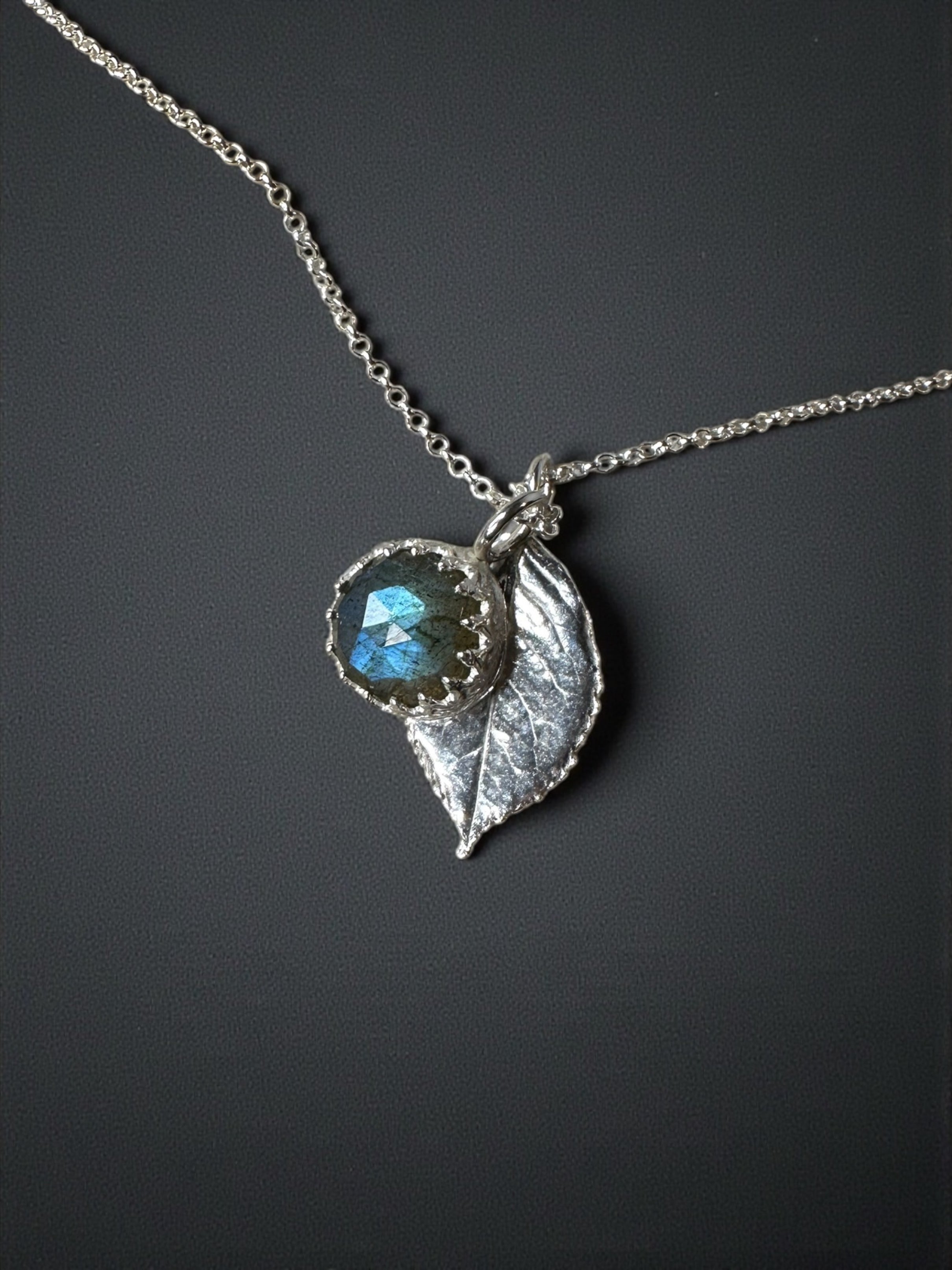 Fine Silver Botanical Pendant featuring Rose-cut Labradorite