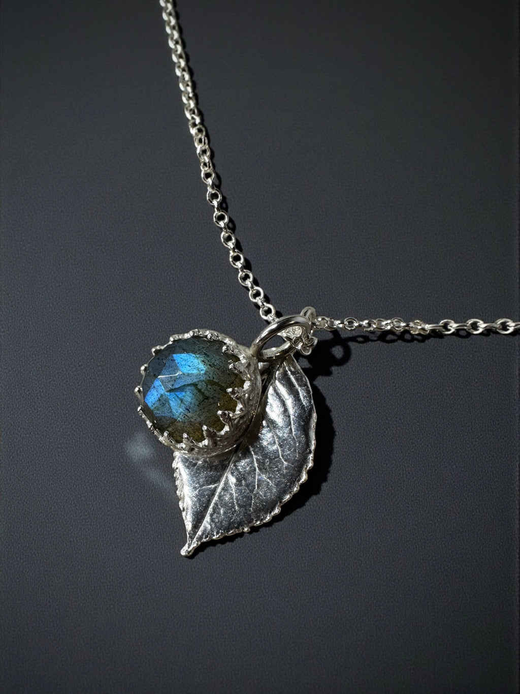 Fine Silver Botanical Pendant featuring Rose-cut Labradorite