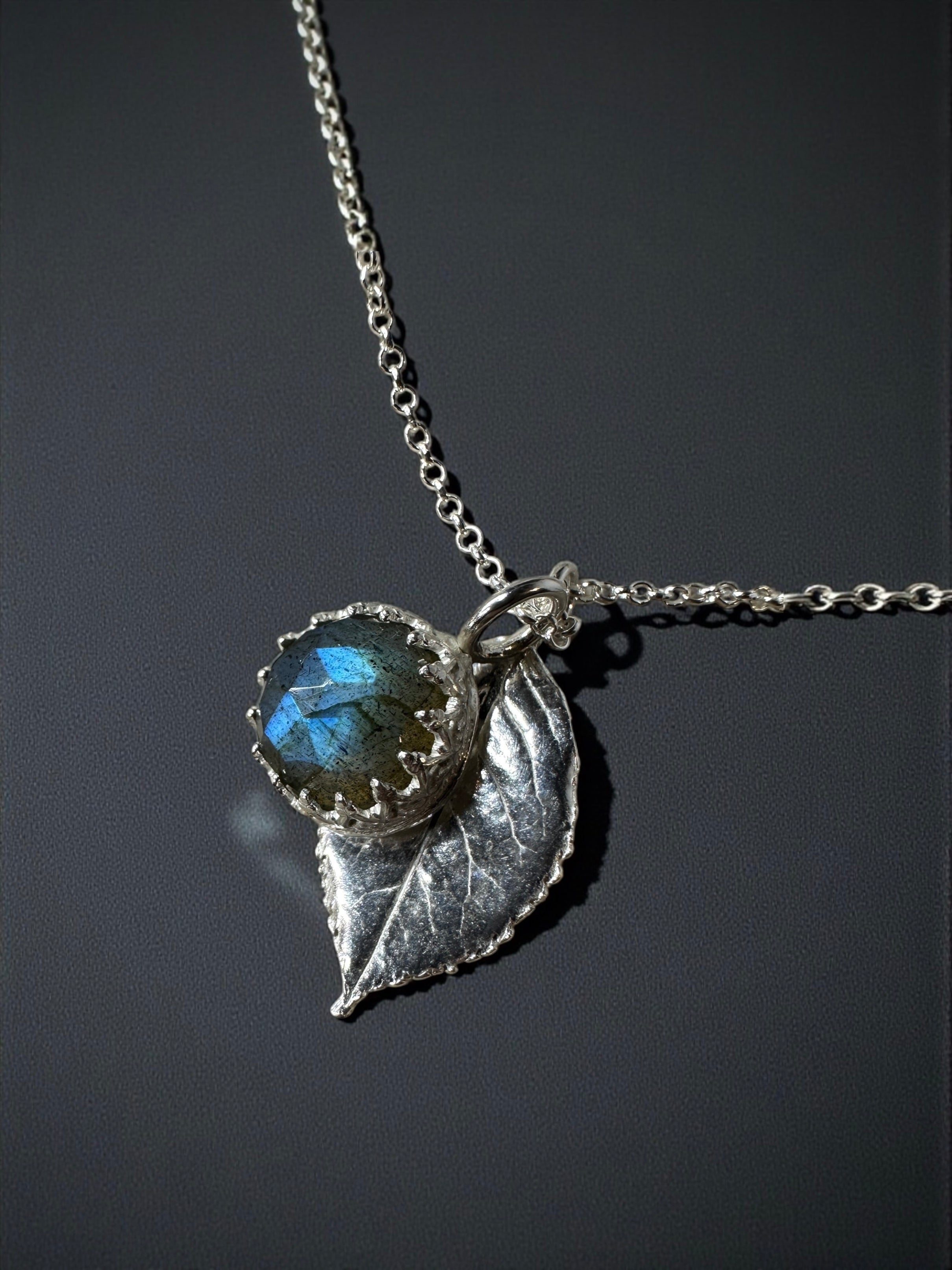 Fine Silver Botanical Pendant featuring Rose-cut Labradorite
