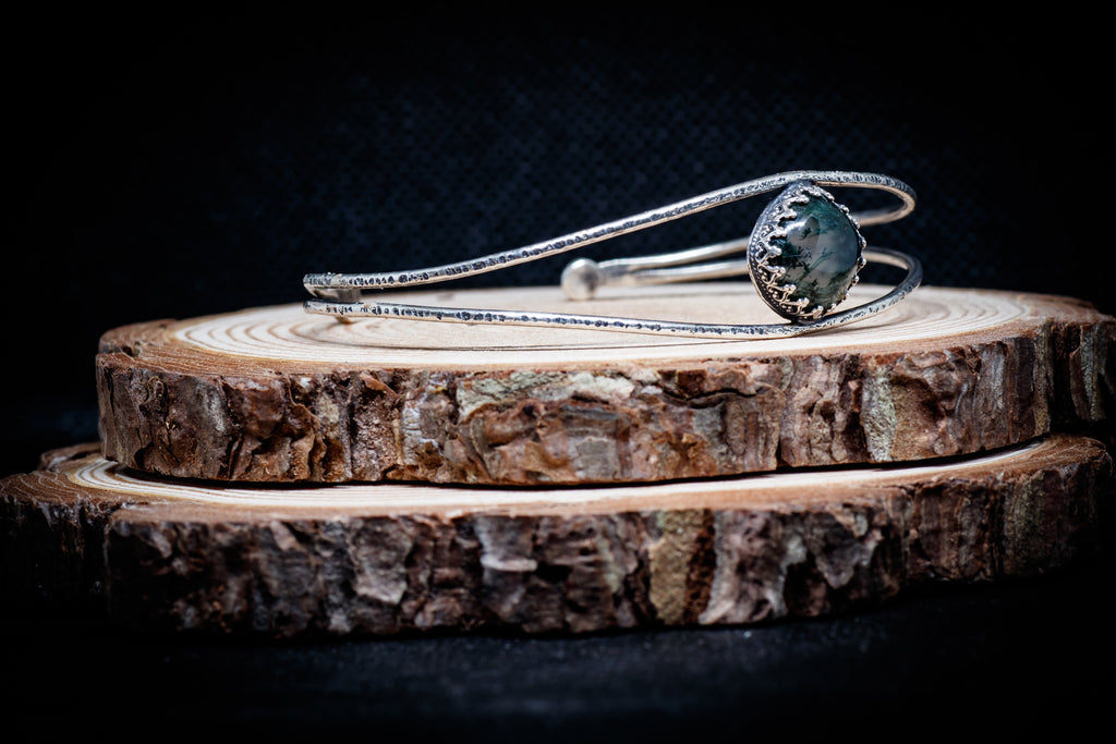 Handmade Sterling Silver Bracelet with Moss Agate | Adjustable Nature-Inspired Cuff