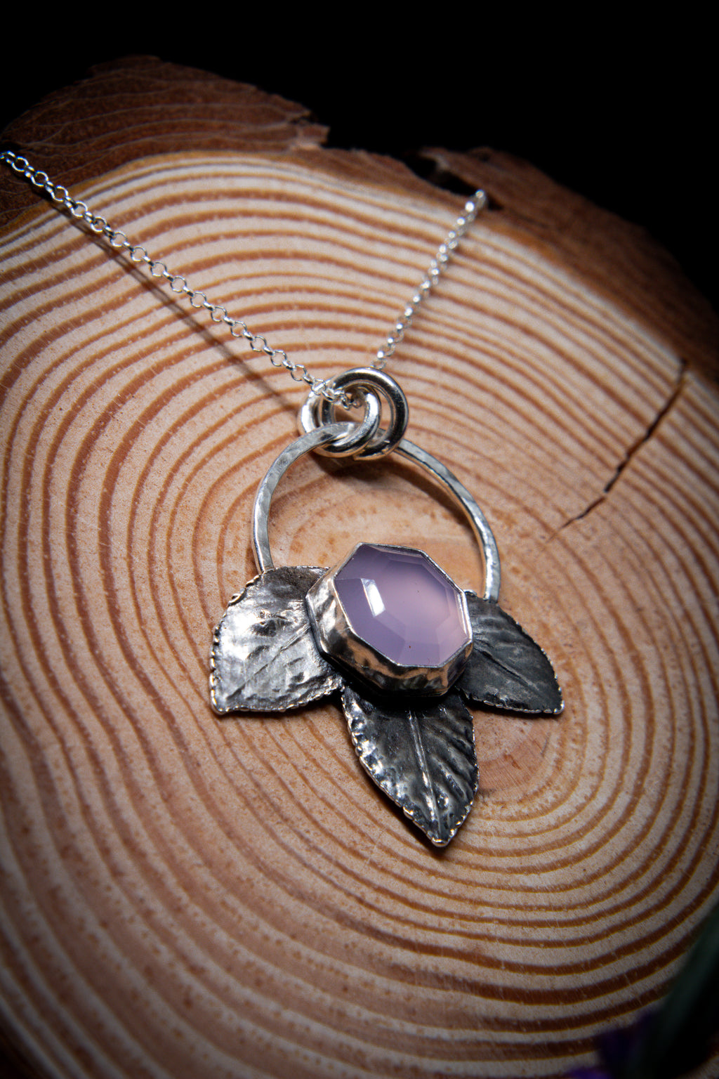 Silver Lavender Chalcedony Rose Leaf Pendant