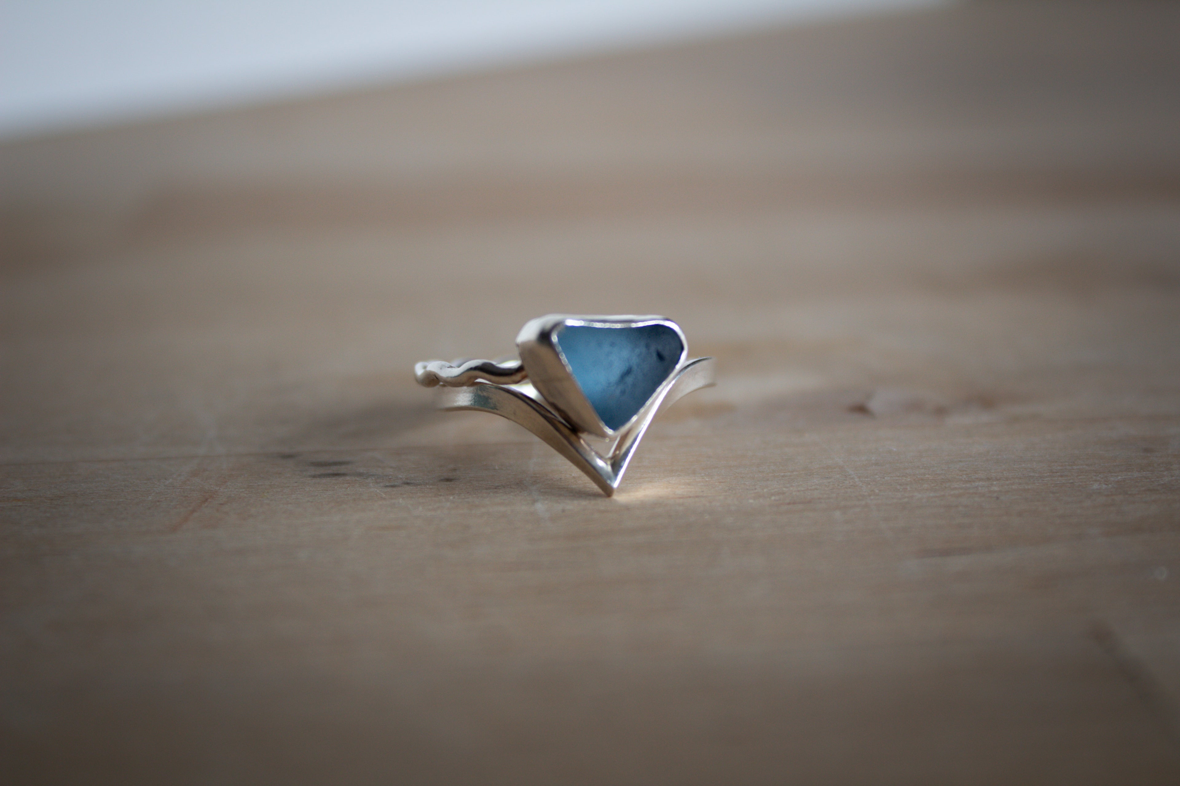 Cornflower Blue Sea Glass Ring Stack with Silver Wave & Wishbone bands - Size P